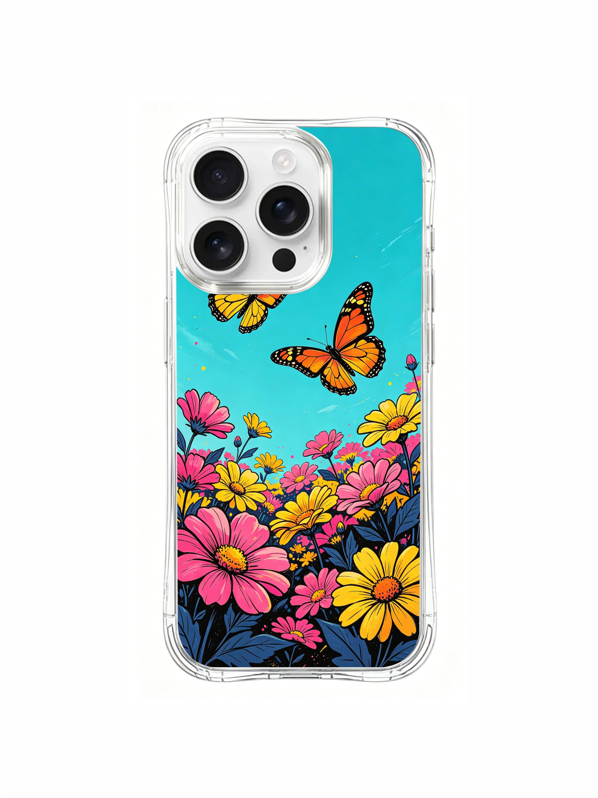  PhoneCasing turquoise courage space design on an iPhone 16 Pro Max Case, Aurora Bloom’s symbolic piece of fiery flowers framing a calm sky, representing bravery and love.