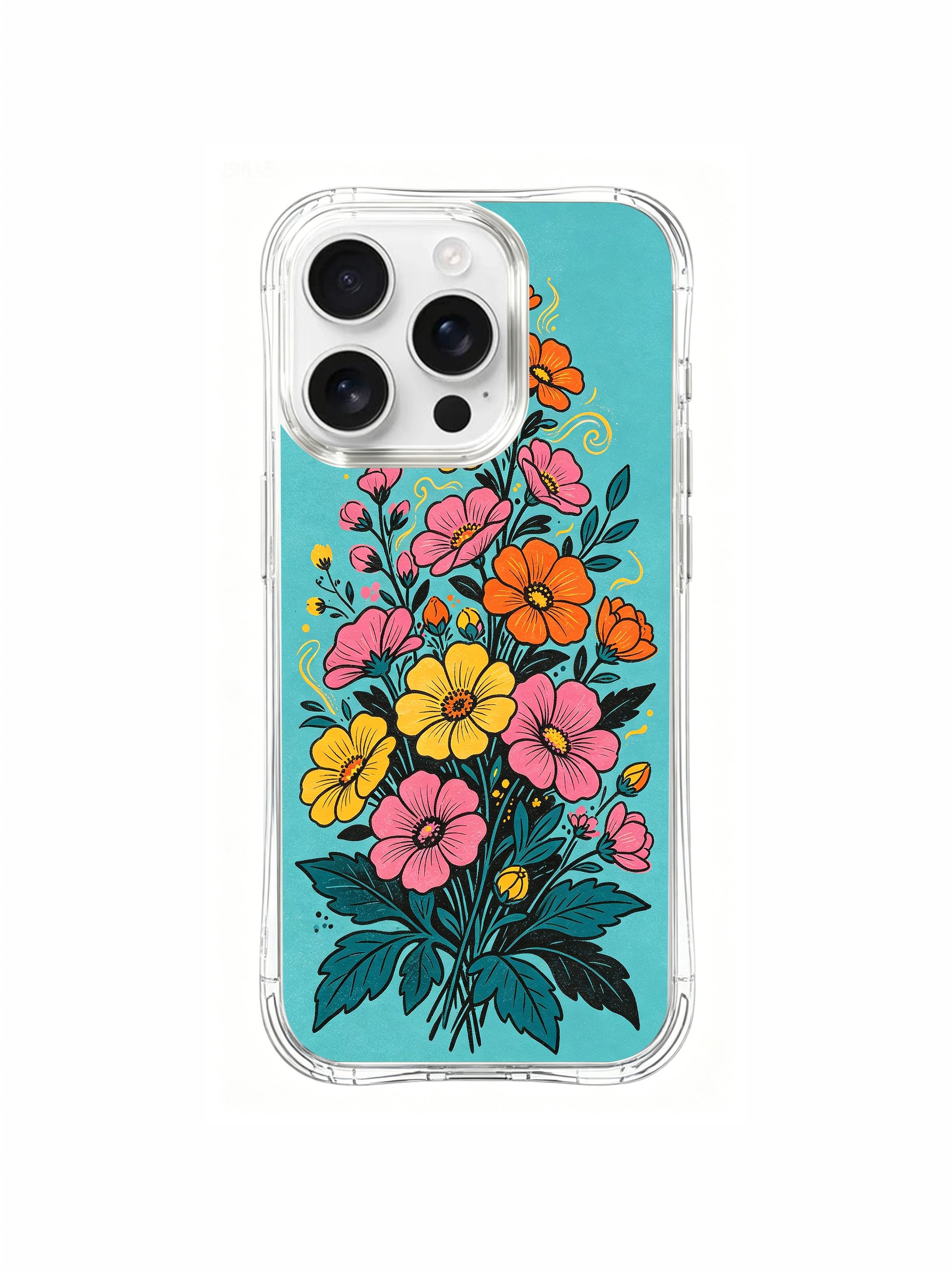  PhoneCasing turquoise floral joy art on an iPhone 16 Pro Max Case, a cheerful and uplifting piece of flowers in full summer bloom.