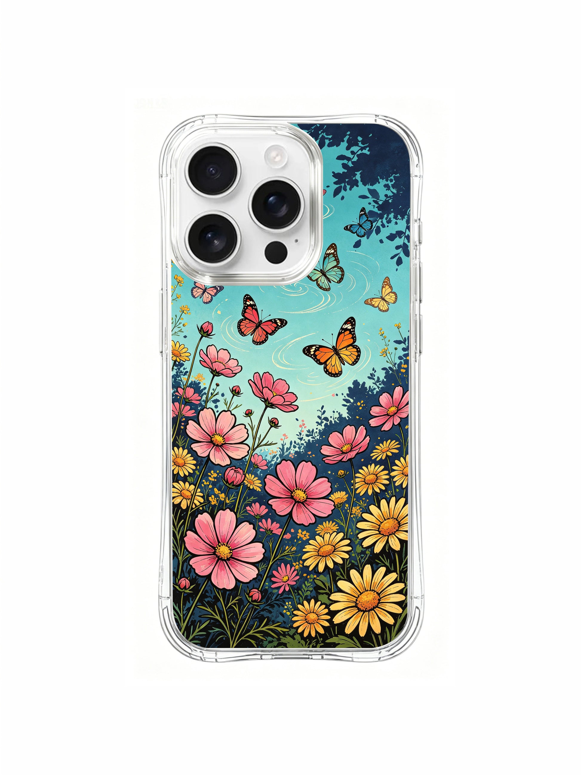 PhoneCasing Turquoise Sky Floral Butterfly iPhone 16 Pro Max Case, featuring colorful butterflies soaring over a blooming meadow.