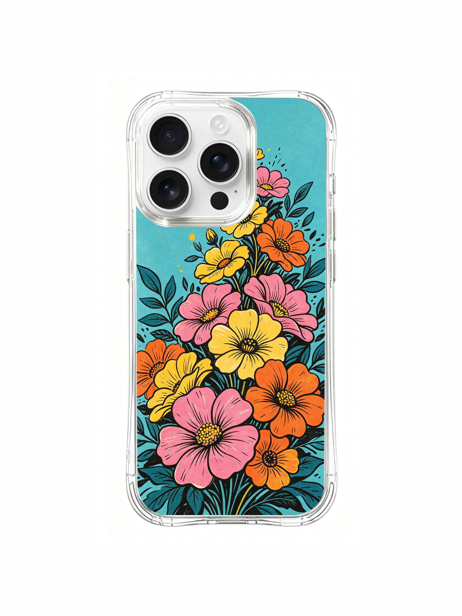 PhoneCasing turquoise summer burst illustration on an iPhone 16 Pro Max Case, a high-energy floral piece full of festival spirit.