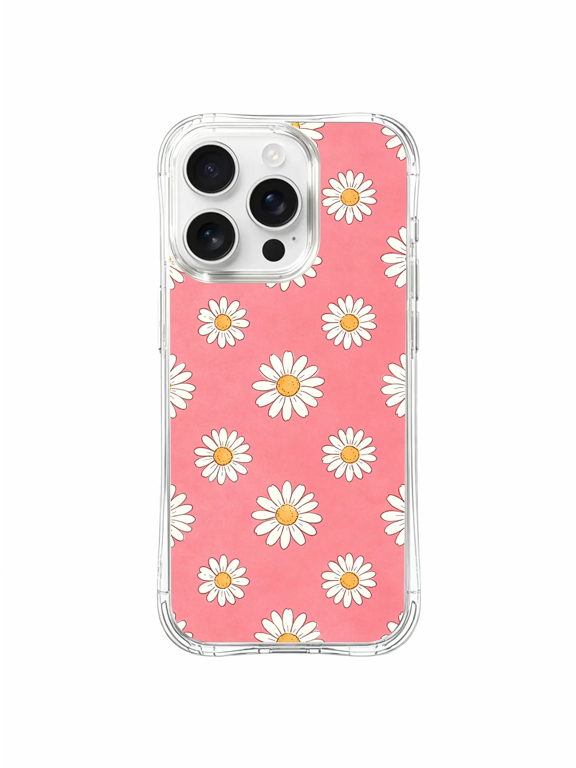 PhoneCasing iPhone 16 Pro Max Case with the upbeat strawberry pink daisy design by Daisy Vale, a durable MagSafe-compatible case made in California.