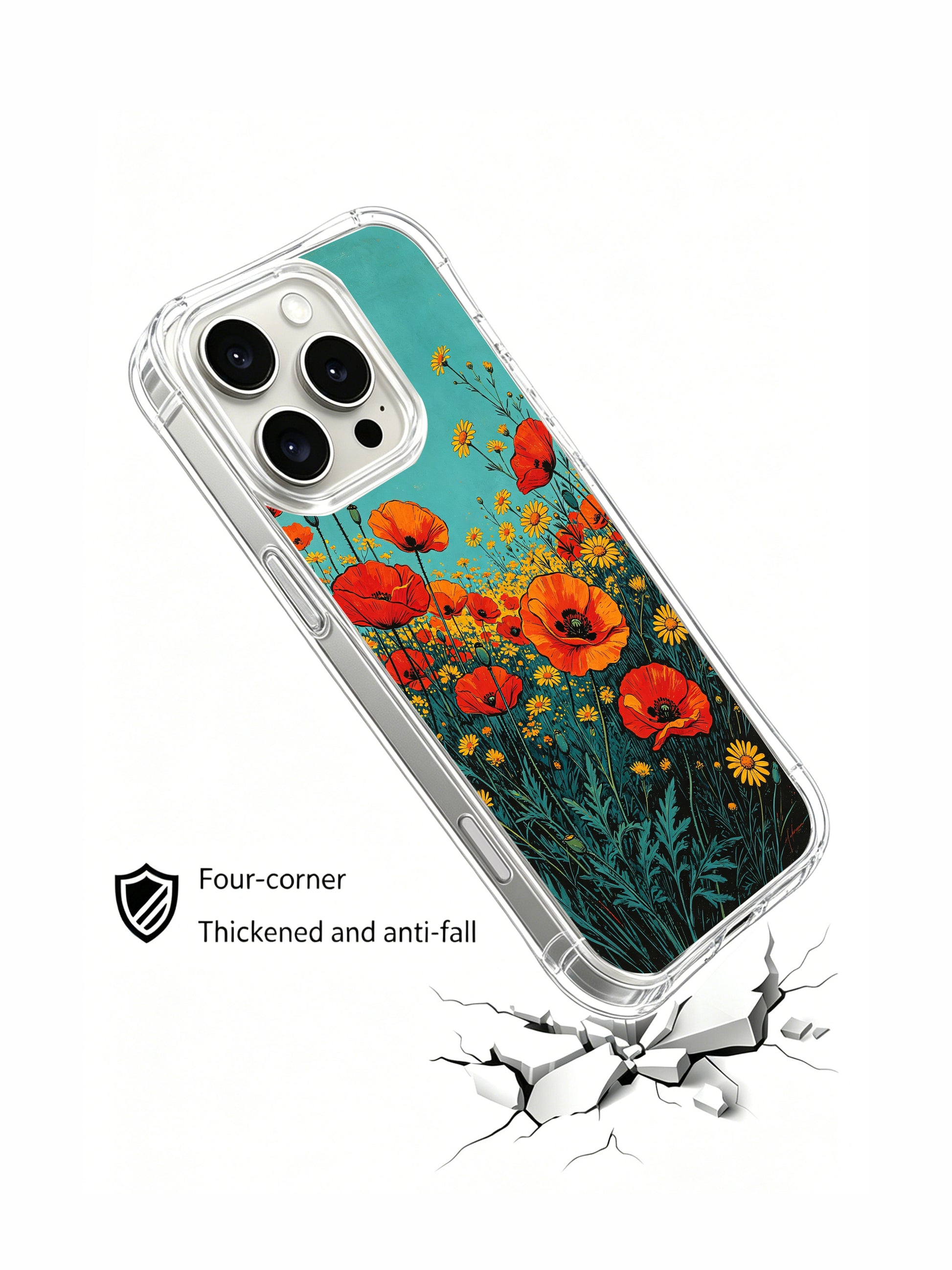 PhoneCasing Vibrant Flame Meadow Art on an iPhone 16 Pro Max Case. A vivid field of poppies and daisies, capturing the spirit of wild beauty and action.
