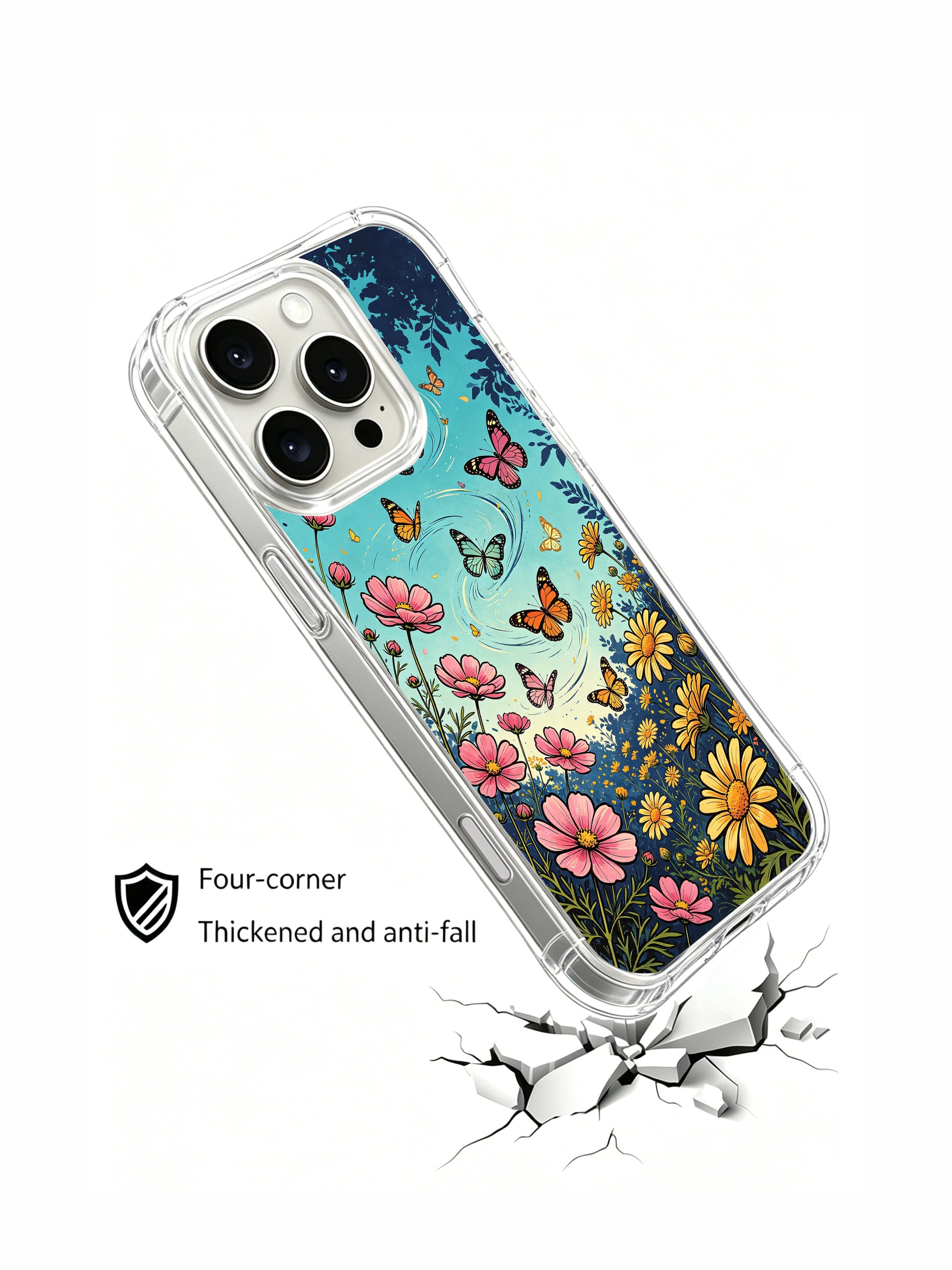 PhoneCasing Vibrant Floral Butterfly iPhone 16 Pro Max Case, a whimsical design of blooming cosmos and dancing butterflies.