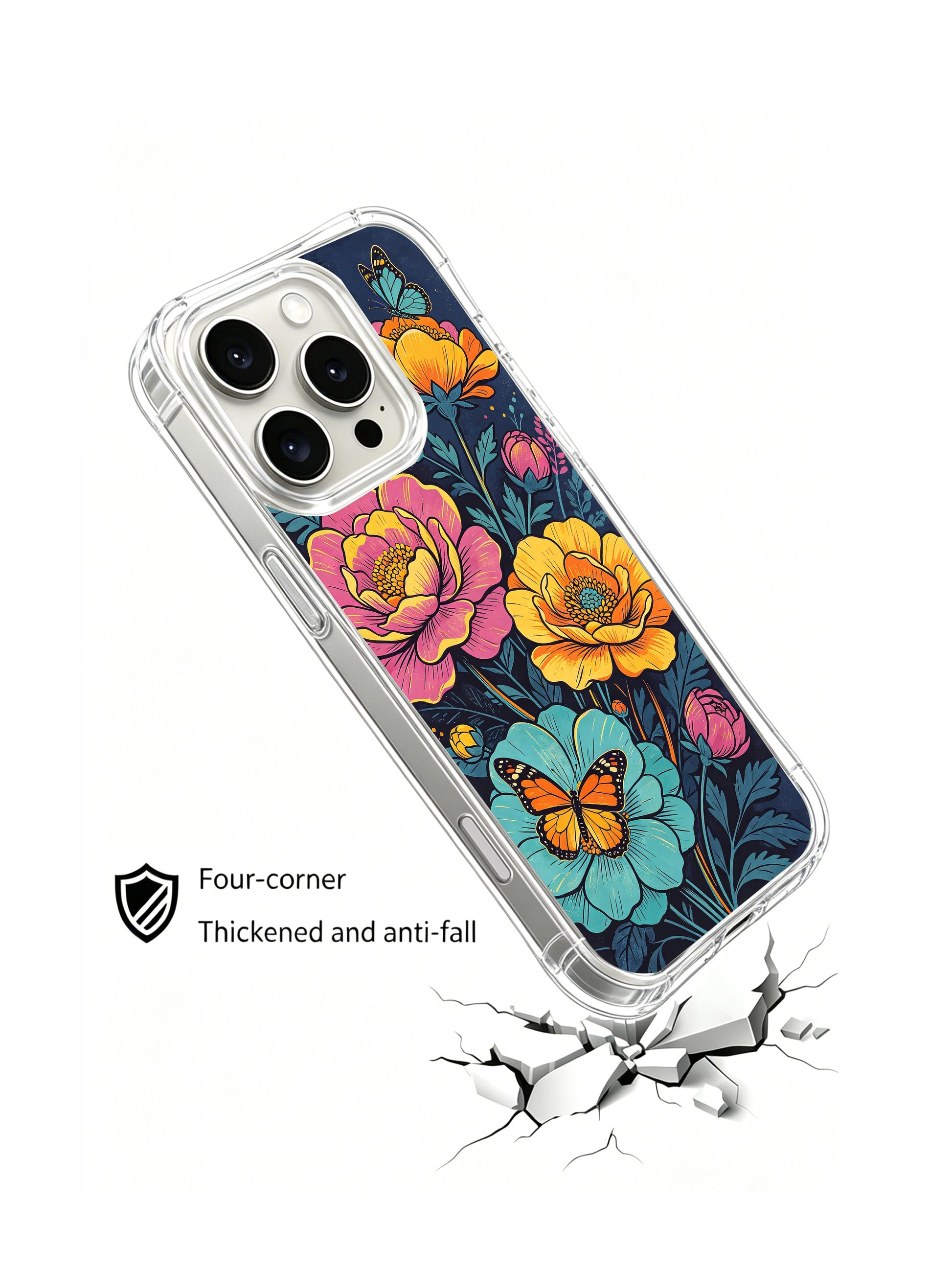 PhoneCasing Vibrant Floral Daydream iPhone 16 Pro Max Case. A lively pattern of yellow, pink, and orange flowers with teal leaves and butterflies.