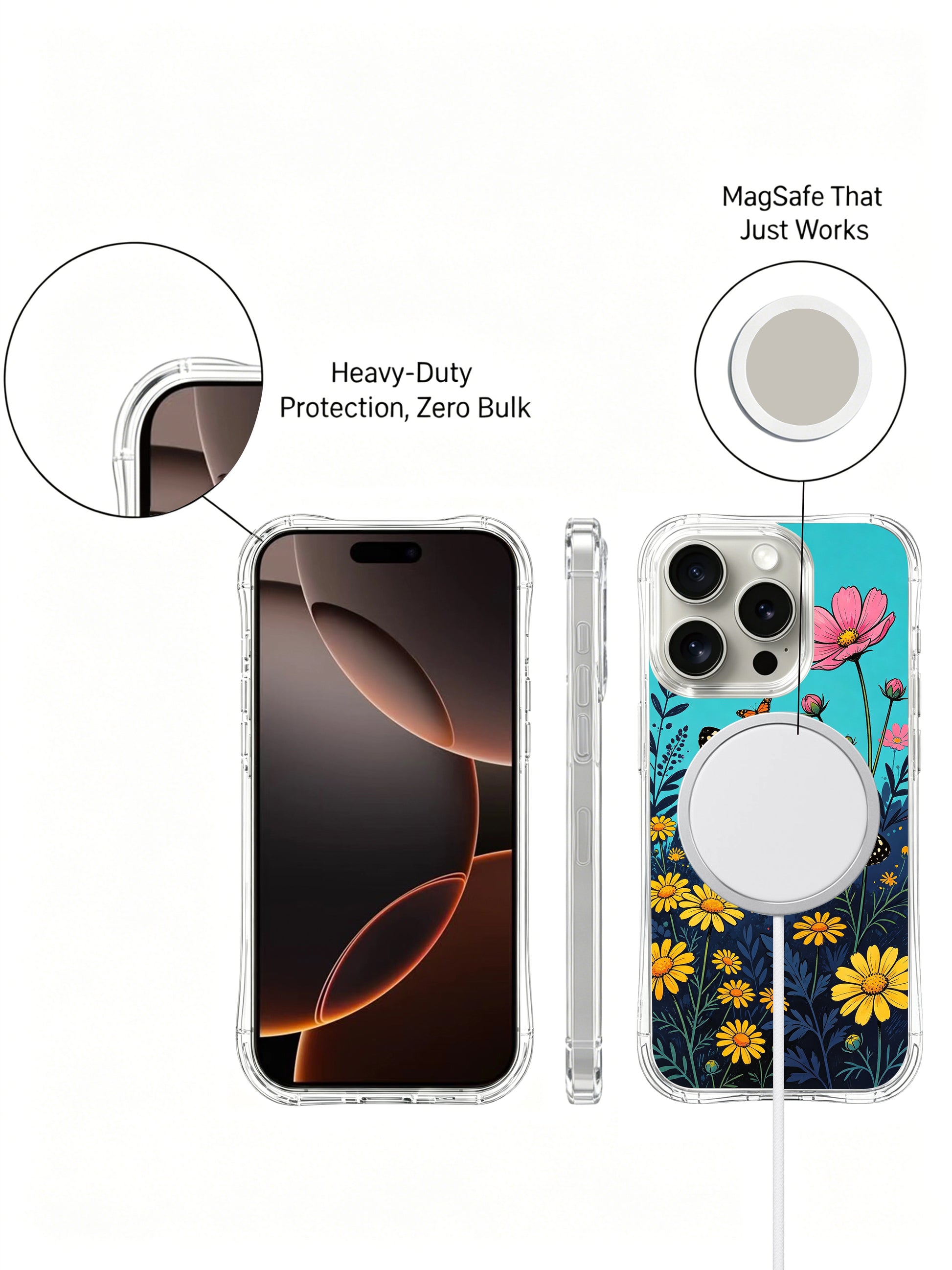 PhoneCasing vibrant turquoise sky floral scene on an iPhone 16 Pro Max Case, with pink and yellow flowers and monarch butterflies by Aurora Bloom.