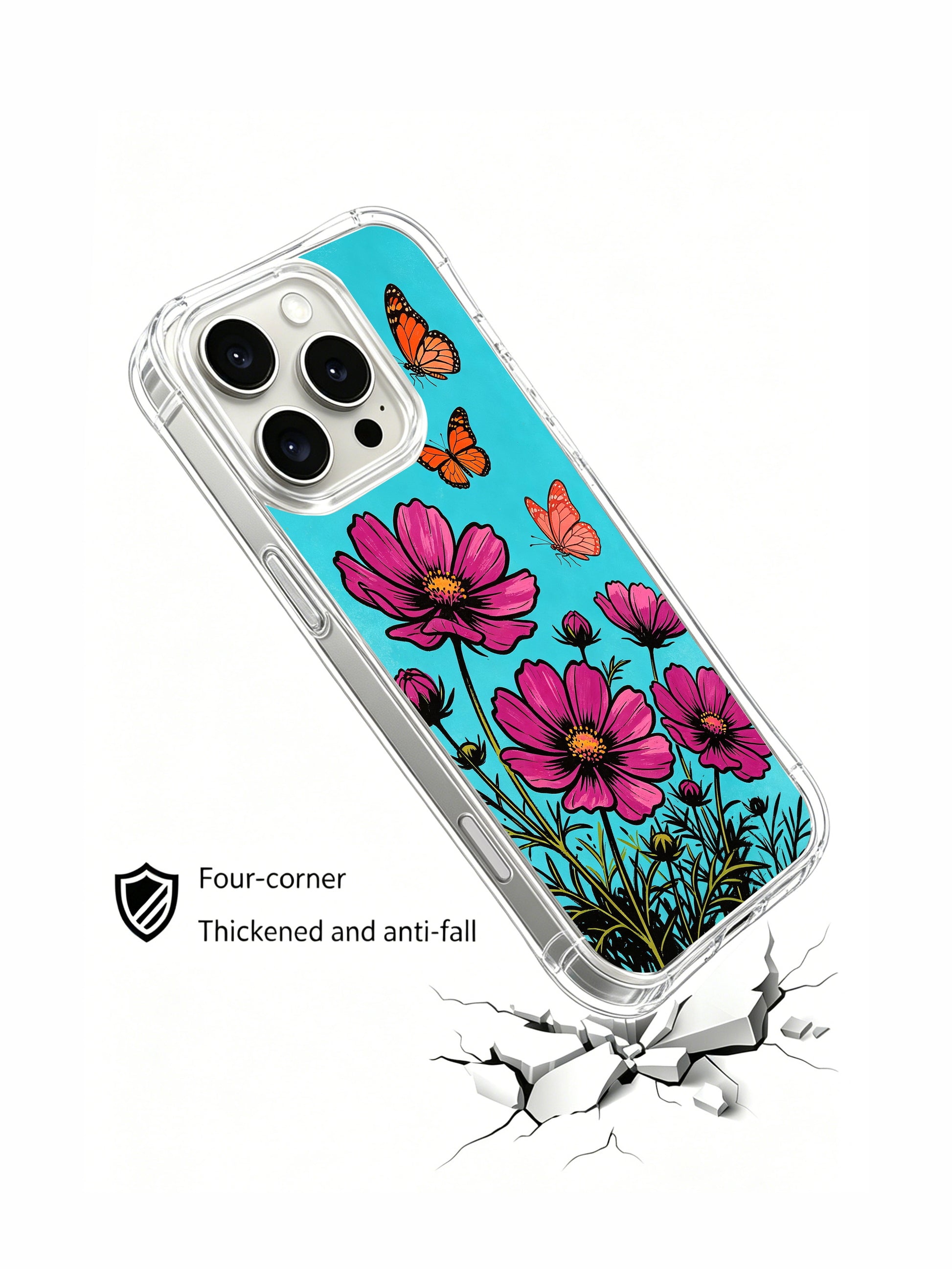 PhoneCasing vibrant turquoise sky floral art on an iPhone 16 Pro Max Case, featuring bold pink flowers and monarch butterflies by Aurora Bloom.