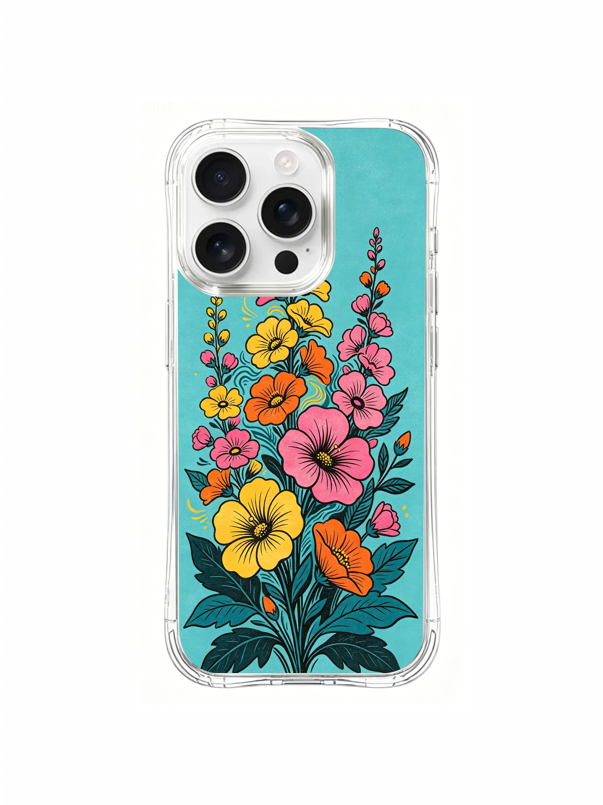PhoneCasing warm floral wave art on an iPhone 16 Pro Max Case, a joyful design where flowers rise like a happy tide.