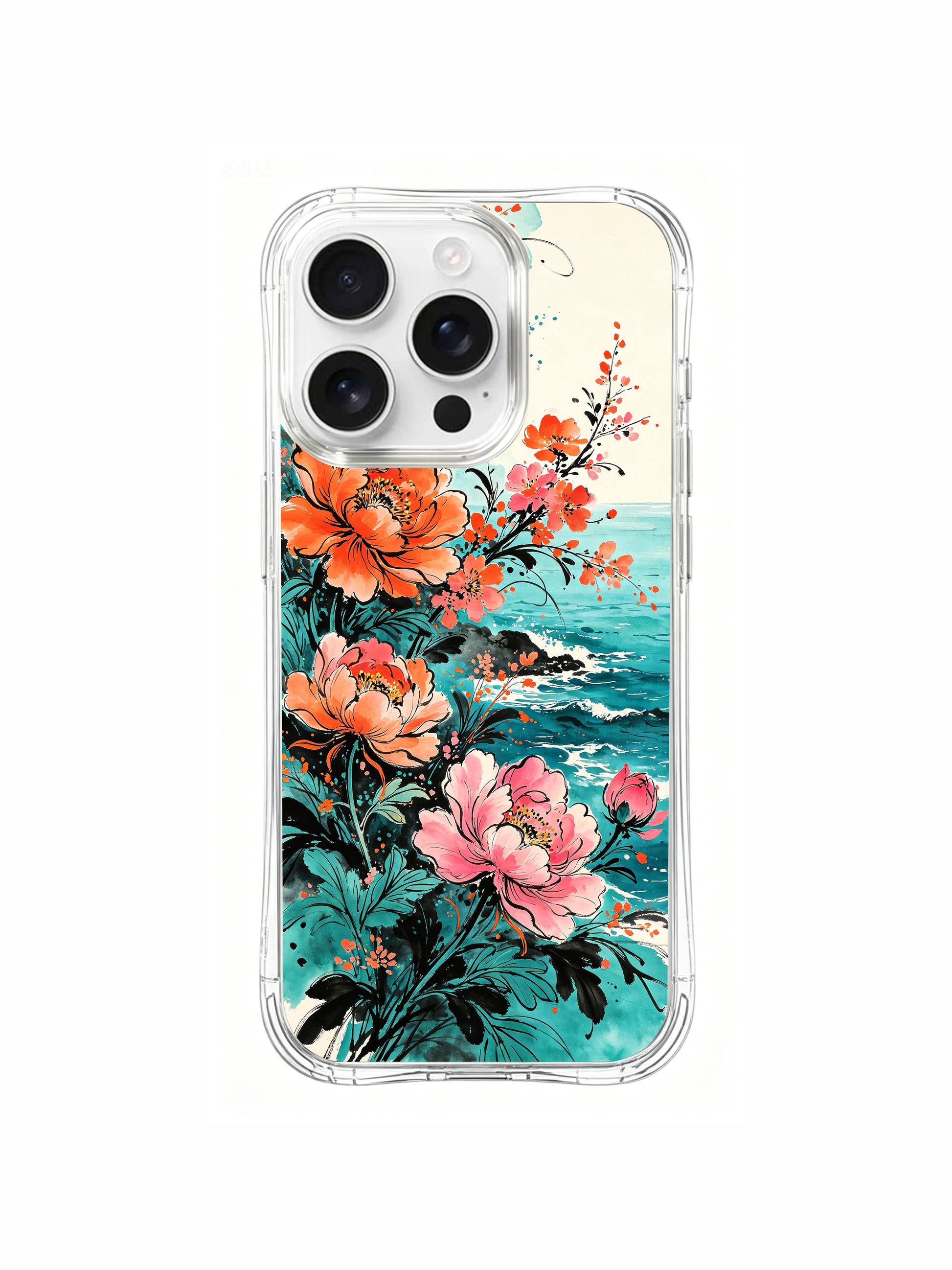 PhoneCasing Watercolor Seaside Poppy iPhone 16 Pro Max Case, featuring soft coral and pink flowers against a teal sky.