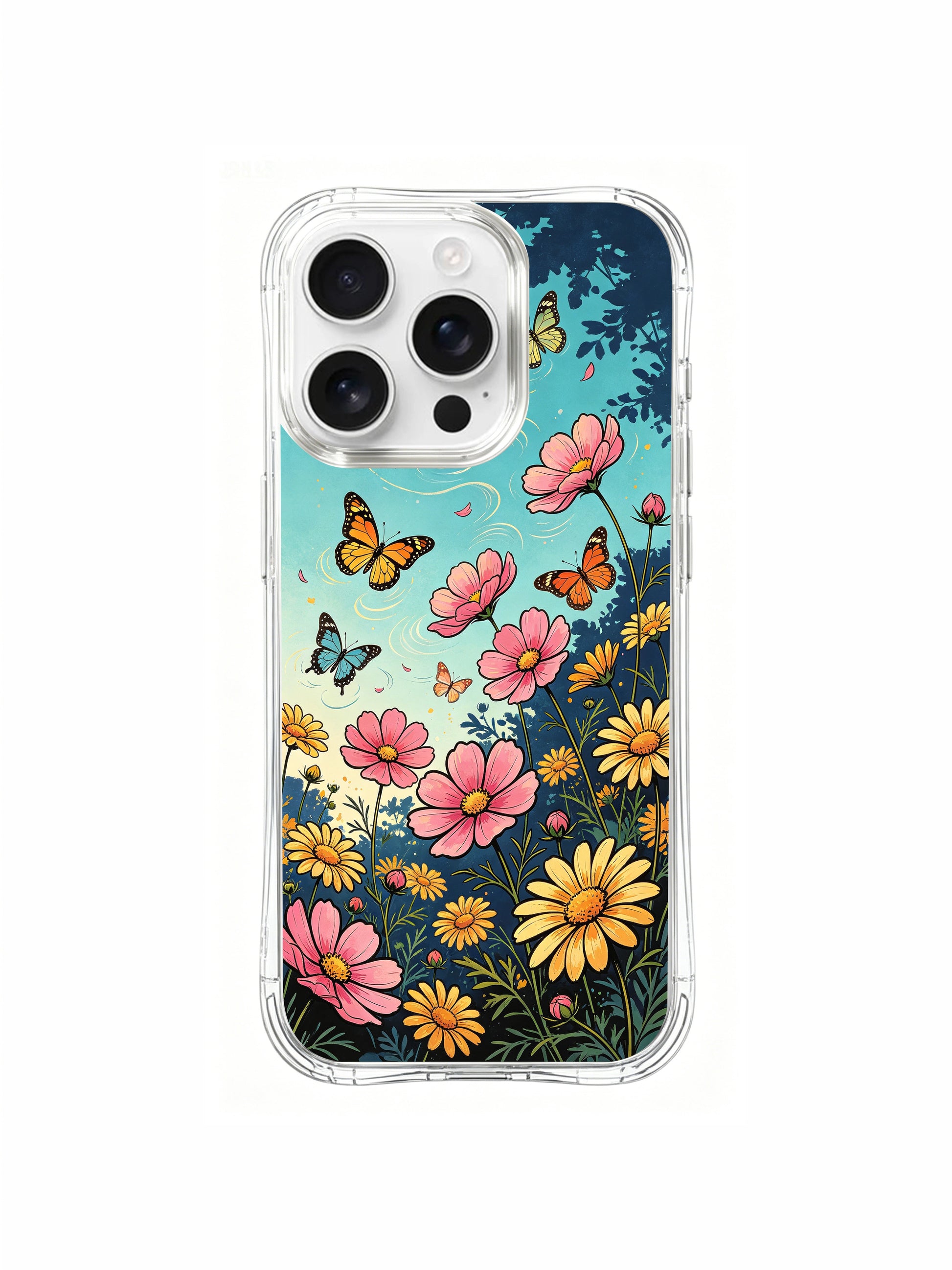 PhoneCasing Whimsical Butterfly Meadow iPhone 16 Pro Max Case, a dreamy design of colorful butterflies and blooming cosmos flowers.