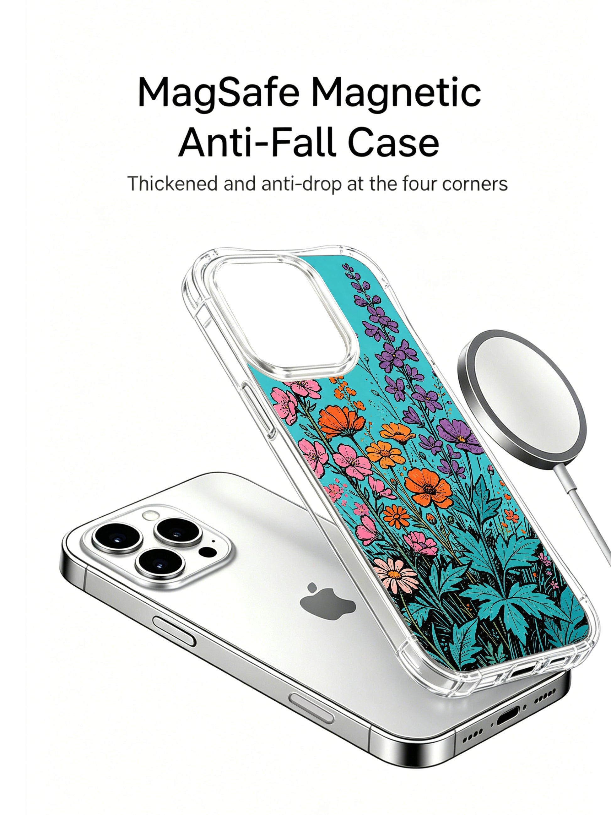 PhoneCasing Whimsical Meadow Dance iPhone 16 Pro Max Case, a lively illustration of tall flowers in a folk-art style.