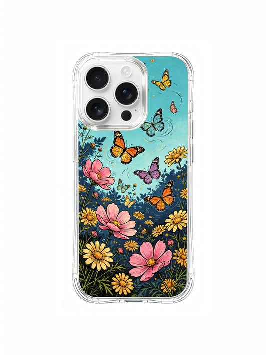 PhoneCasing Whimsical Meadow with Butterflies iPhone 16 Pro Max Case, a dreamy pattern of flowers and colorful winged visitors.