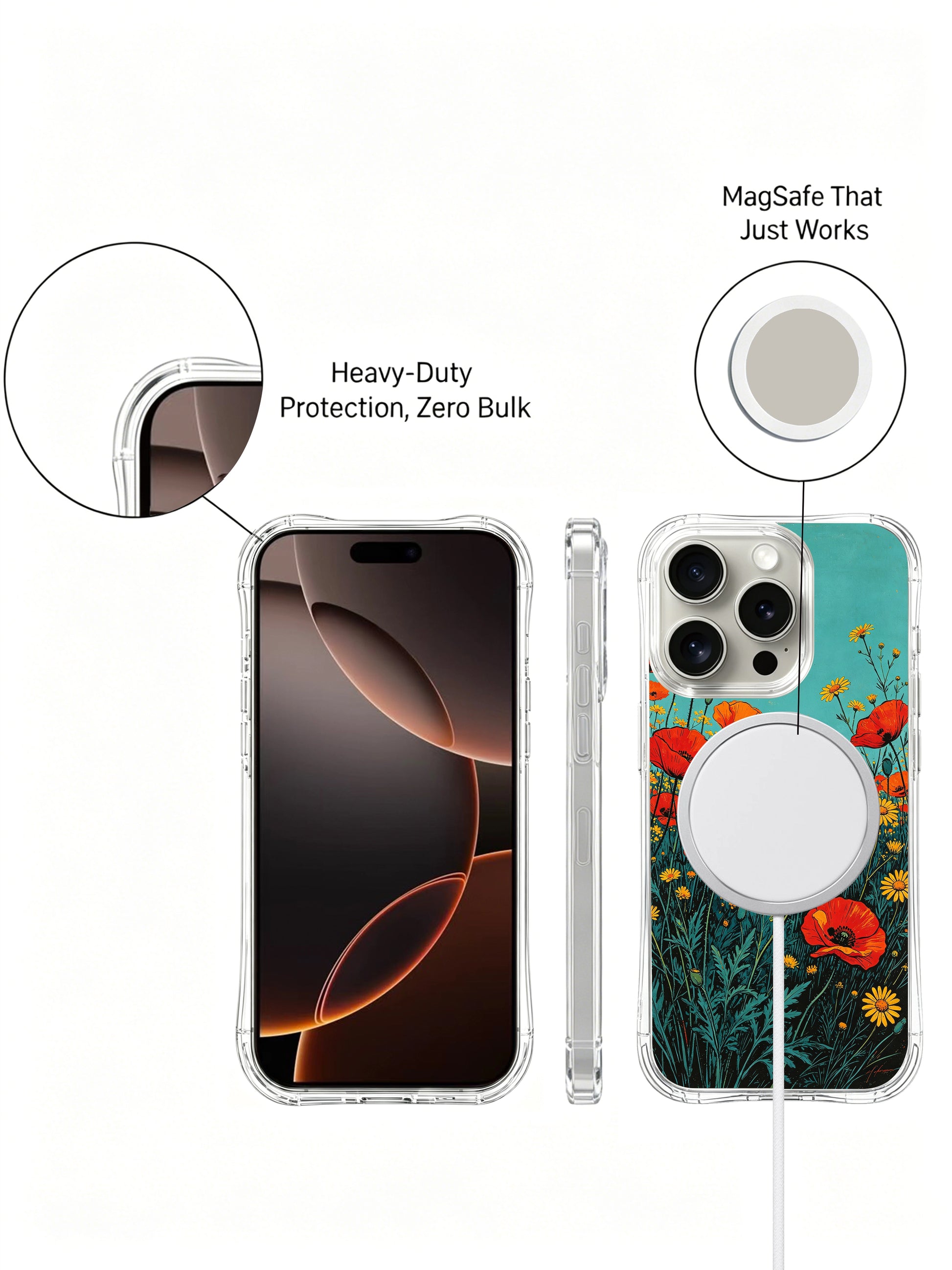 PhoneCasing Wildflower Fire Garden iPhone 16 Pro Max Case. Aurora Bloom’s illustration of red poppies and golden daisies in a meadow under a bright teal sky.