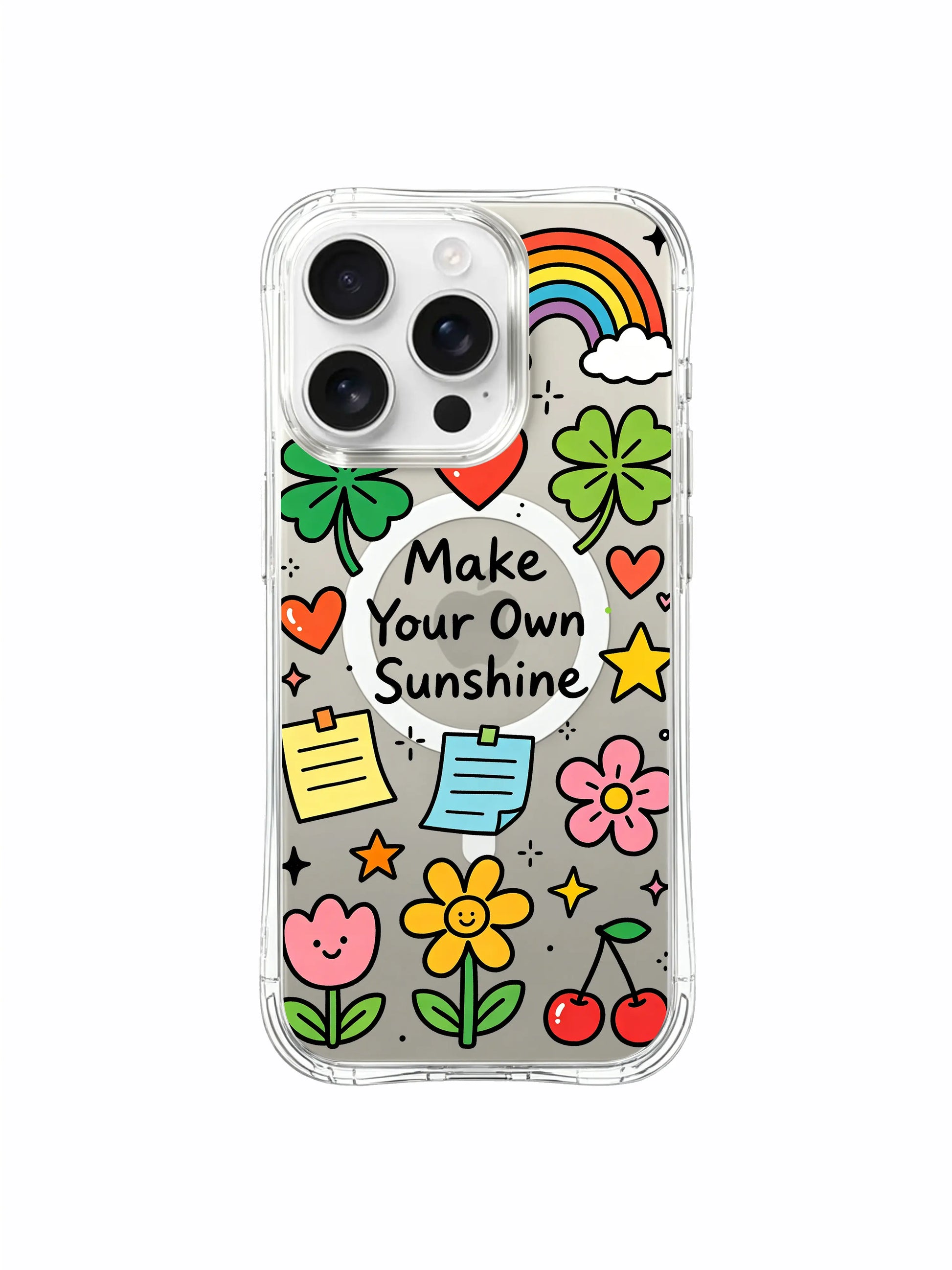 PhoneCasing iPhone 16 Pro Max thin transparent MagSafe shockproof casing, cheerful Make Your Own vSunshine optimistic rainbow and good luck doodle design with sweet cherry accentsv