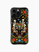 Whimsical childlike skeleton tea party design on PhoneCasing iPhone 16 pro max case, featuring cute skeletons sharing tea in a flower-filled garden.