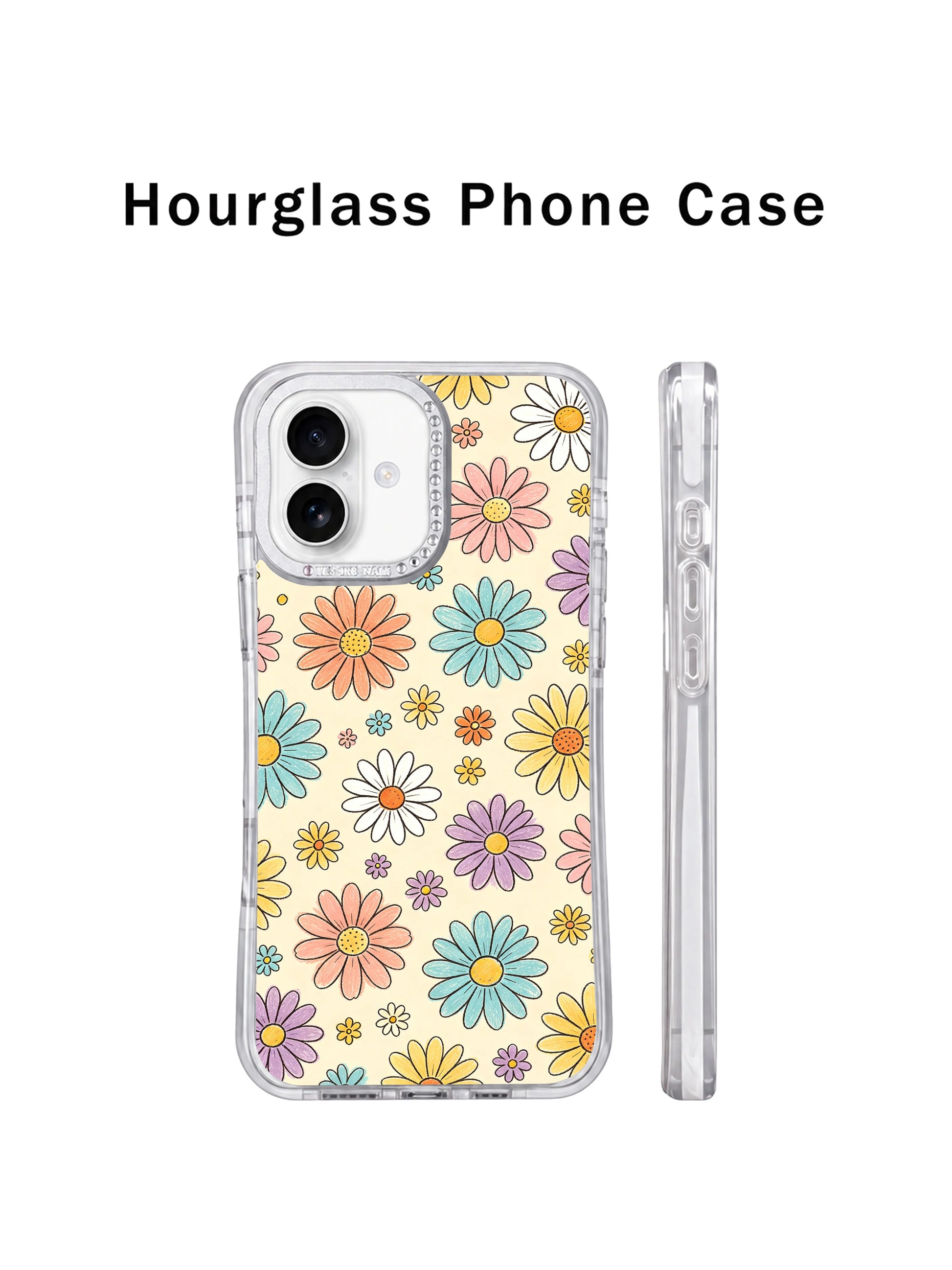 Macro closeup color pencil grain texture of Cream Color Daisy Parade iPhone 16 pro max casing, hand sketched multi-tonal floral design exclusive to PhoneCasing for iPhone 16 pro max users.