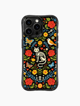 Colorful folk art skeleton cat artwork on this PhoneCasing iPhone 16 pro max case, featuring a cat skeleton surrounded by roses, hearts, and butterflies.