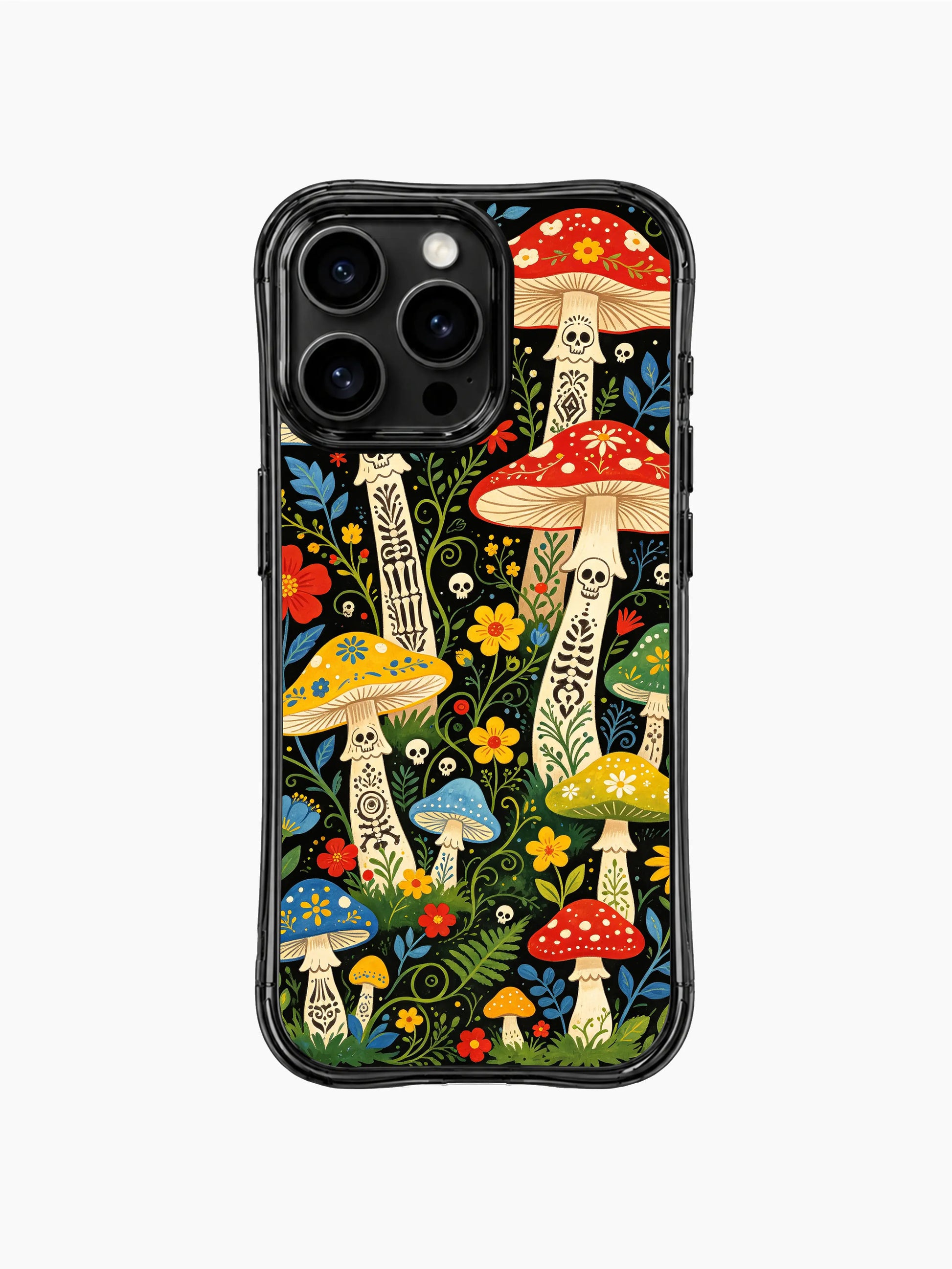 Colorful folk art mushroom forest artwork on this PhoneCasing iPhone 16 pro max case, featuring tall mushrooms surrounded by wildflowers and skulls.