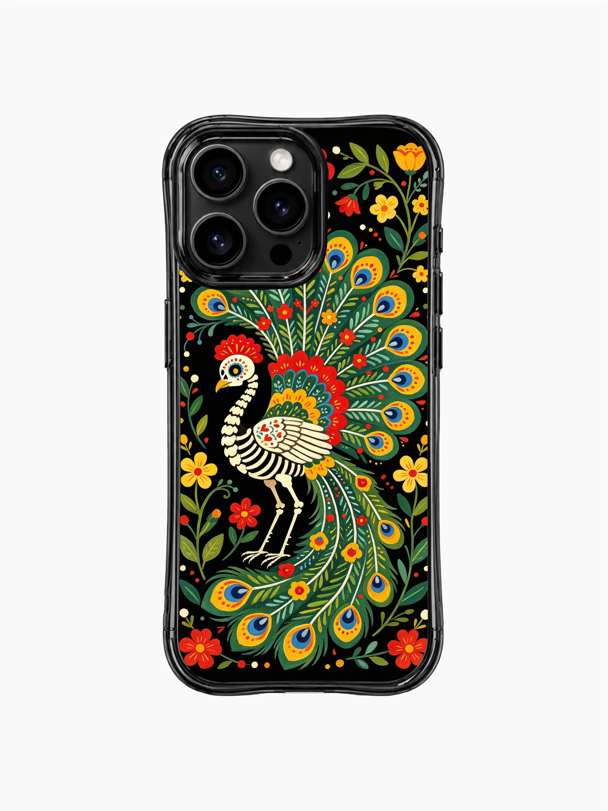 Colorful folk art skeleton peacock artwork on this PhoneCasing iPhone 16 pro max case, featuring a peacock skeleton surrounded by roses and hearts.