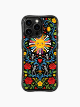 Colorful folk art sun artwork on this PhoneCasing iPhone 16 pro max case, featuring a sun surrounded by roses, hearts, and dancing skeletons.