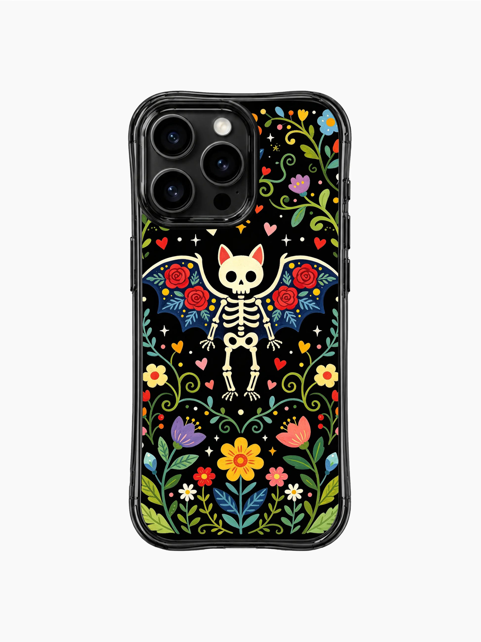 Colorful skeleton bat artwork on PhoneCasing iPhone 16 pro max case, featuring a whimsical bat with vibrant flowers and hearts.