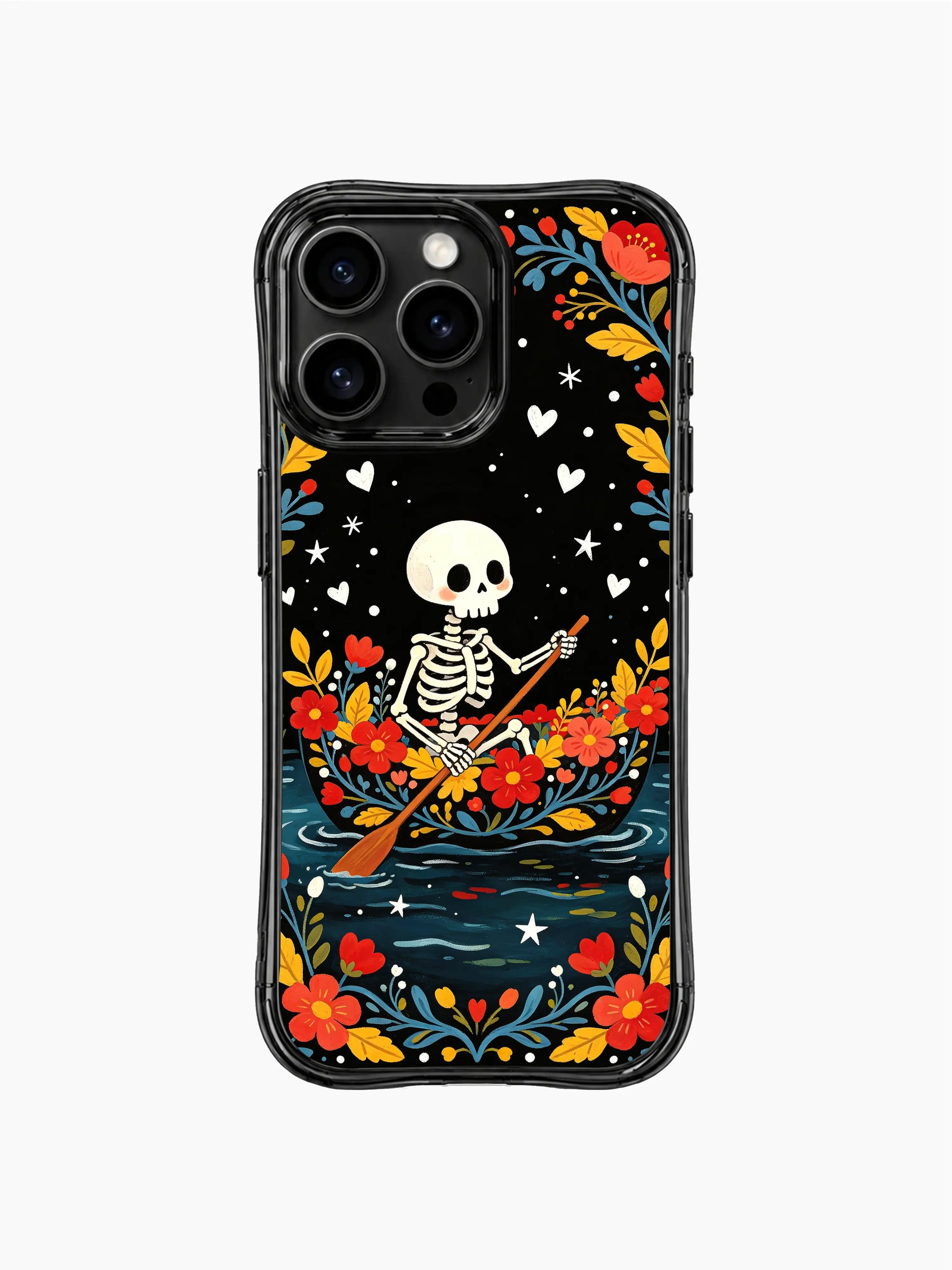 Colorful skeleton boat illustration on PhoneCasing iPhone 16 pro max case, featuring red flowers, yellow leaves, and hearts on black background.