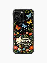 Colorful skeleton cat artwork on PhoneCasing iPhone 16 pro max case, featuring a whimsical cat with bone butterflies and vibrant flowers.