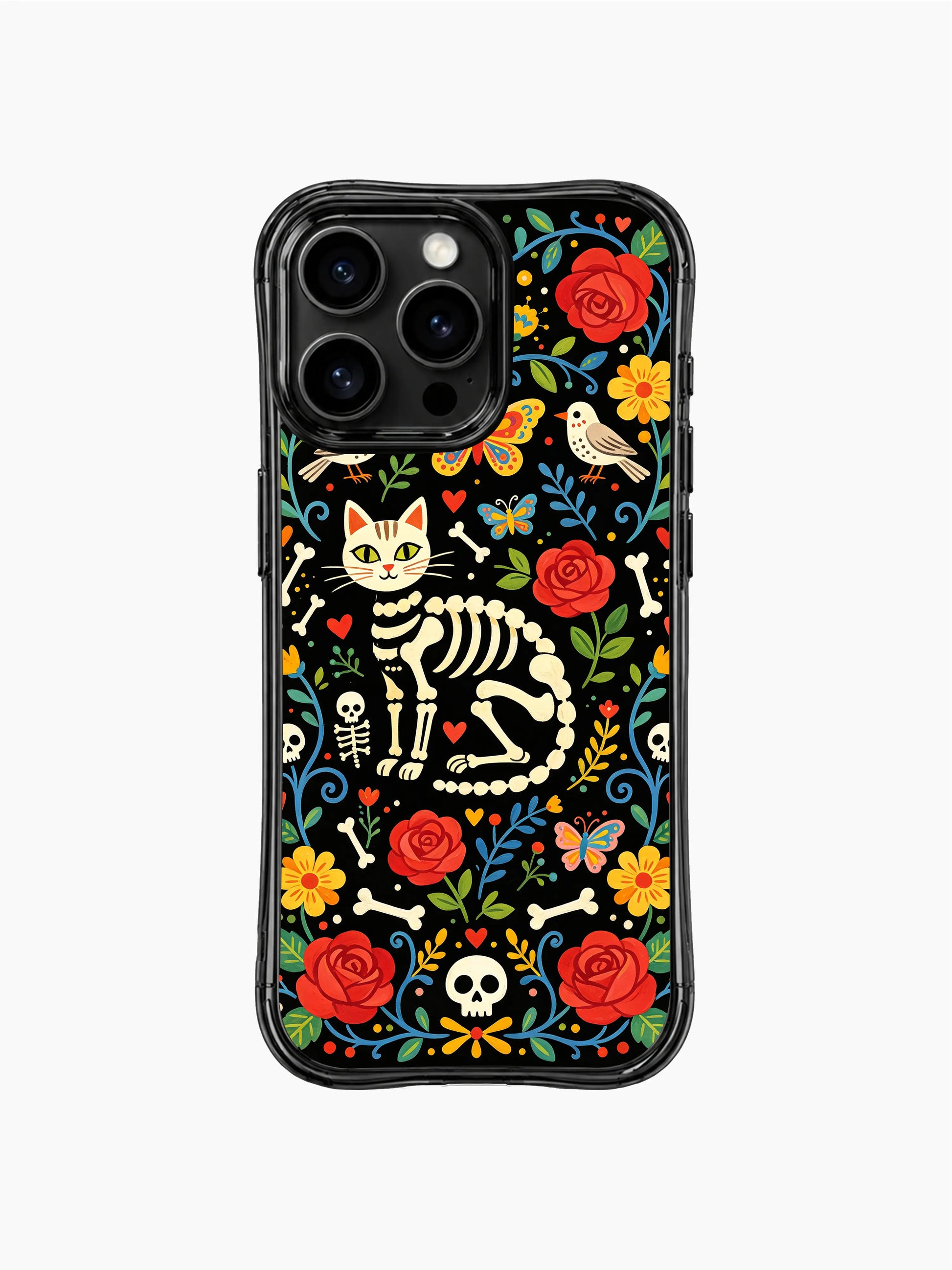 Colorful skeleton cat artwork on PhoneCasing iPhone 16 pro max case, featuring a sugar skull cat surrounded by vibrant folk art flowers and butterflies.