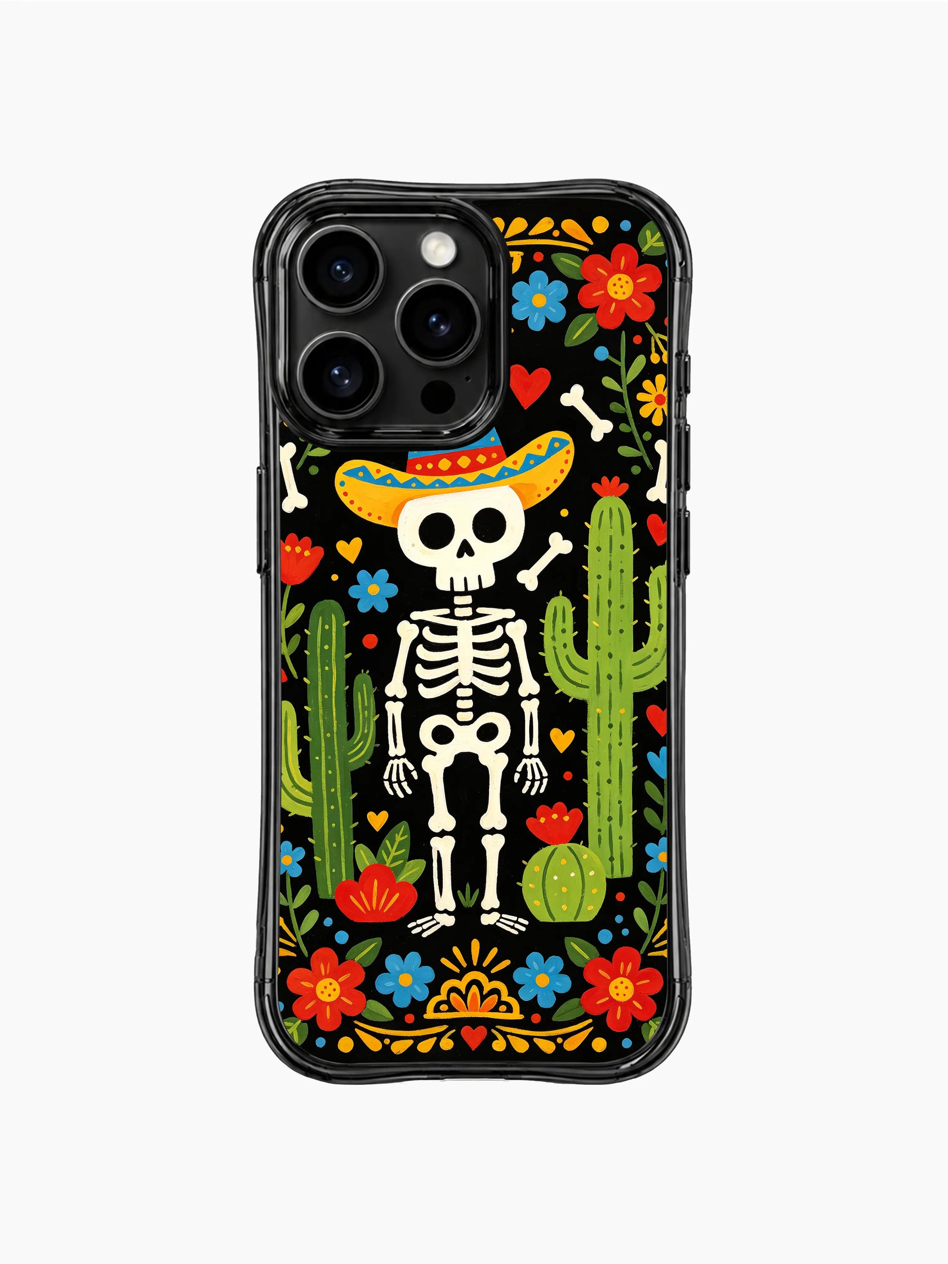Colorful folk art skeleton cowboy artwork on this PhoneCasing iPhone 16 pro max case, featuring a skeleton in a sombrero with desert blooms.