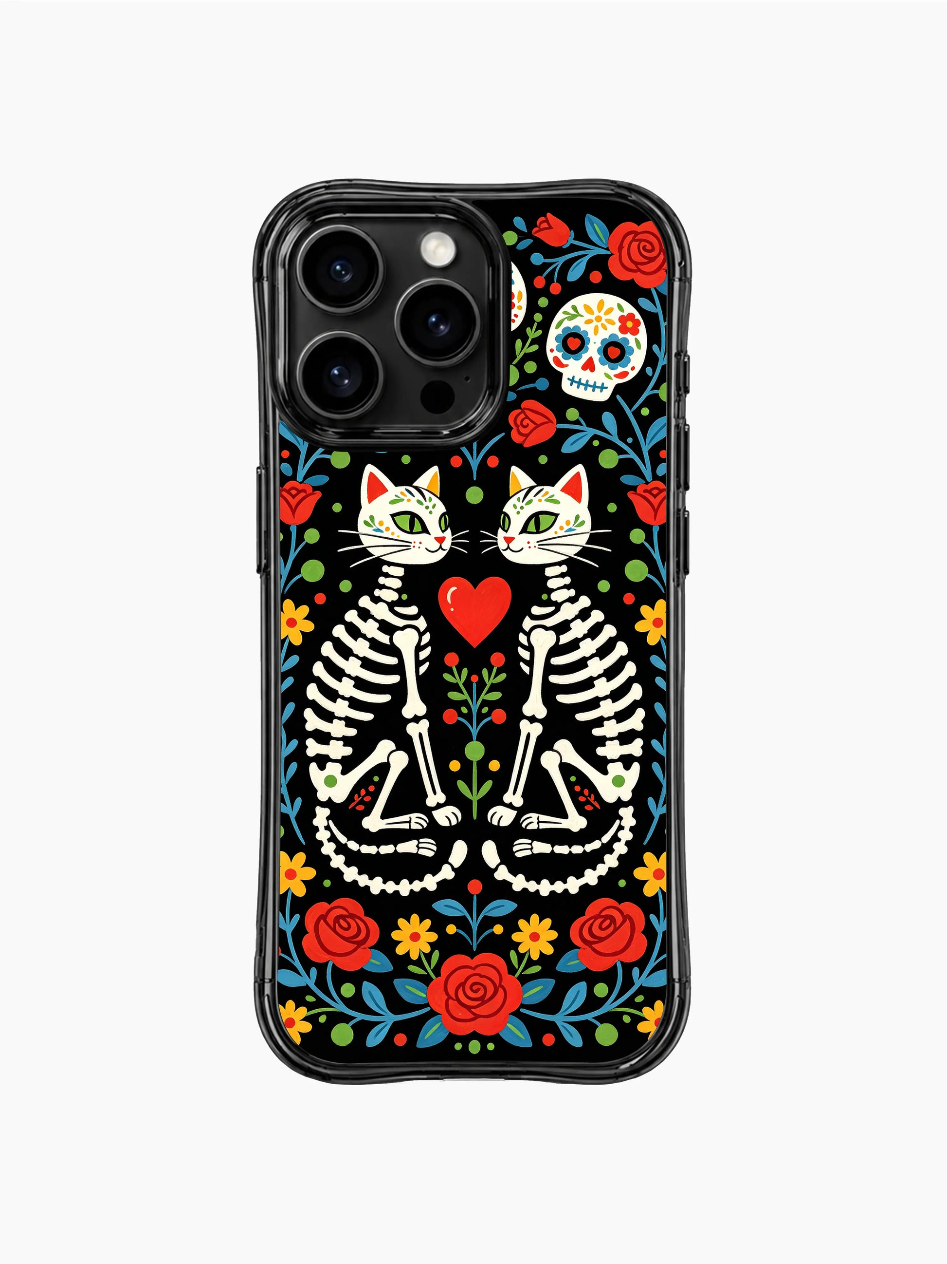 Colorful twin sugar skull cats artwork on PhoneCasing iPhone 16 pro max case, featuring skeleton cats with folk art floral borders