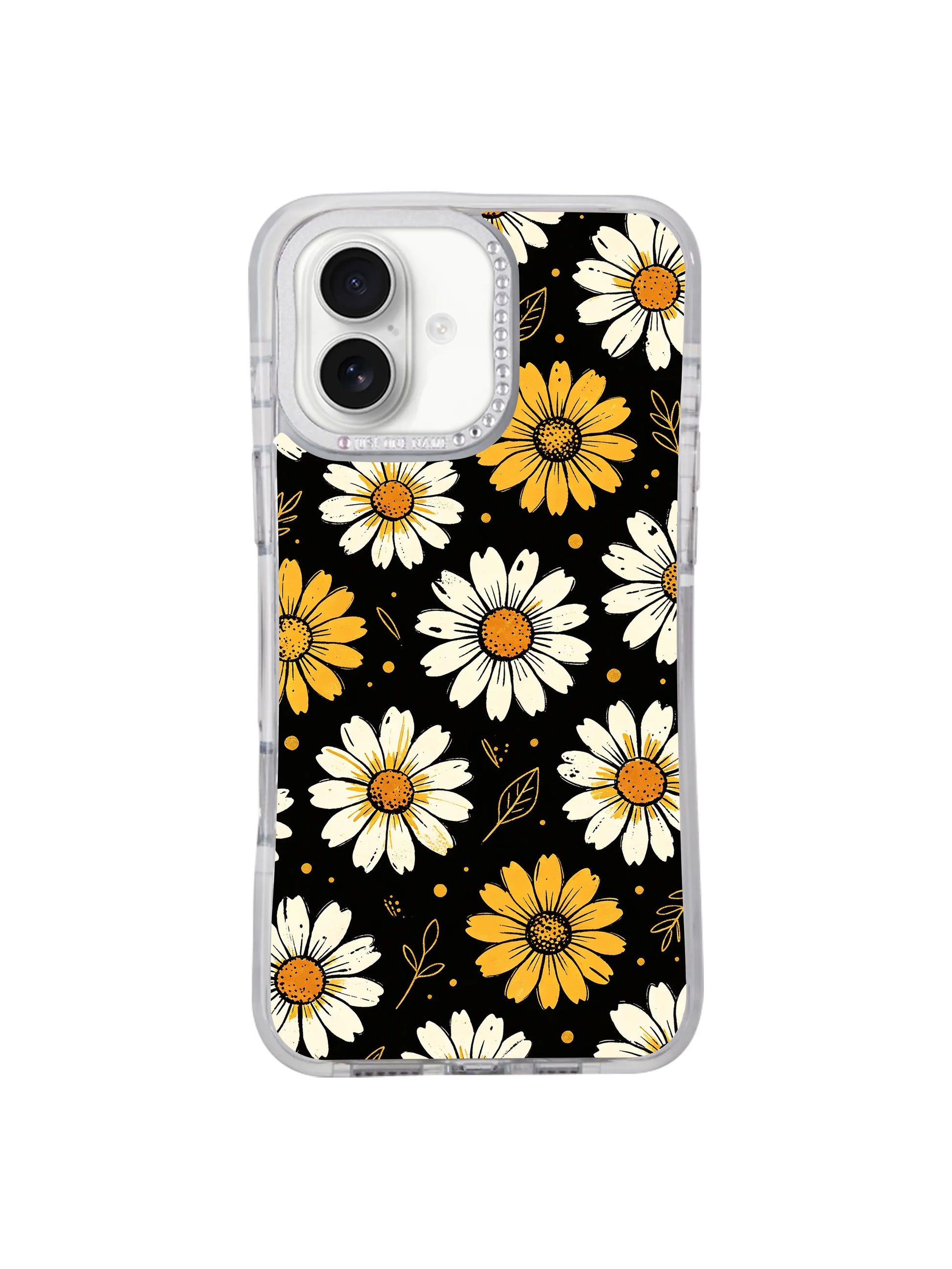 Edgy yet soft black daisy women’s accessory iPhone 16 pro max casing, White Bloom Signal optimistic night floral illustration crafted by PhoneCasing for iPhone 16 pro max.