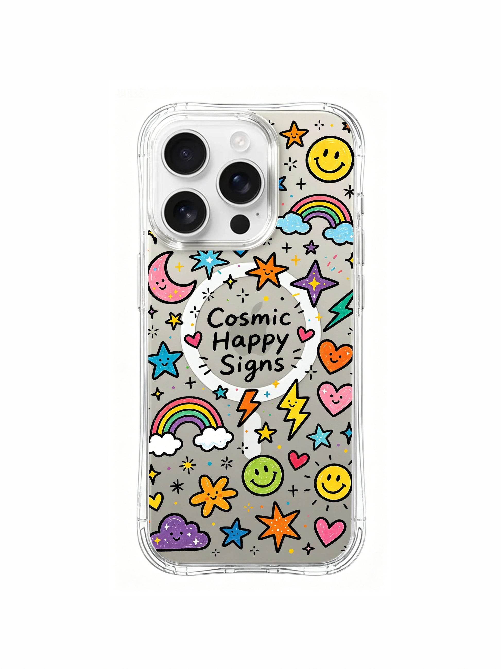 PhoneCasing iPhone 16 Pro Max MagSafe Case - Cosmic Happy Signs Doodle Art, Clear Protective Cover