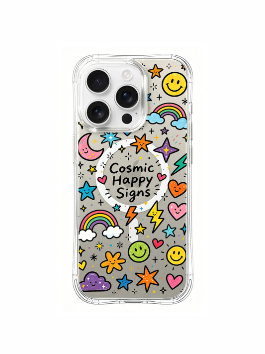 PhoneCasing iPhone 16 Pro Max MagSafe Case - Cosmic Happy Signs Doodle Art, Clear Protective Cover