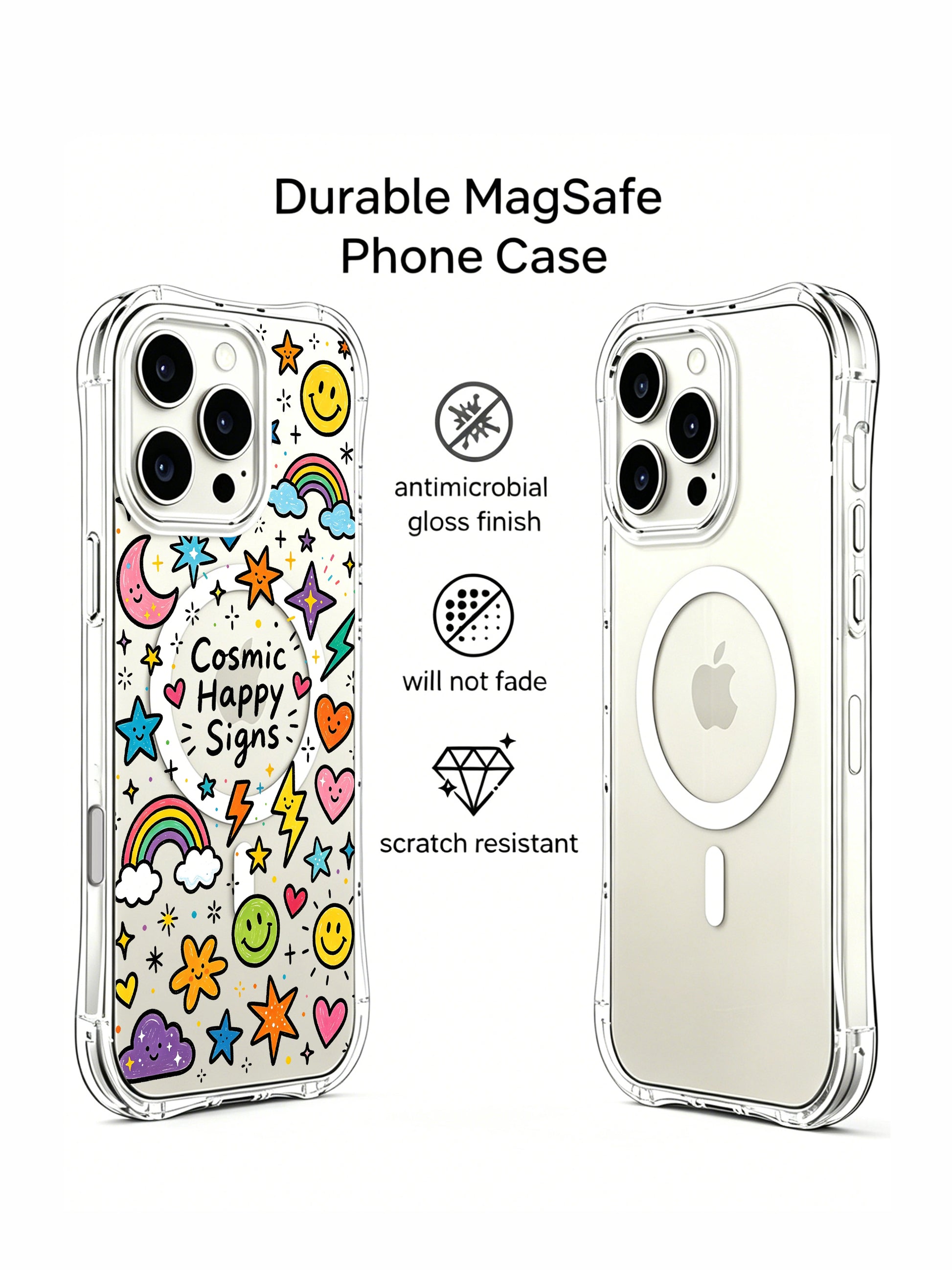 PhoneCasing iPhone 16 Pro Max Clear Case - Cute Cosmic Happy Signs Design, Slim Fit Cover