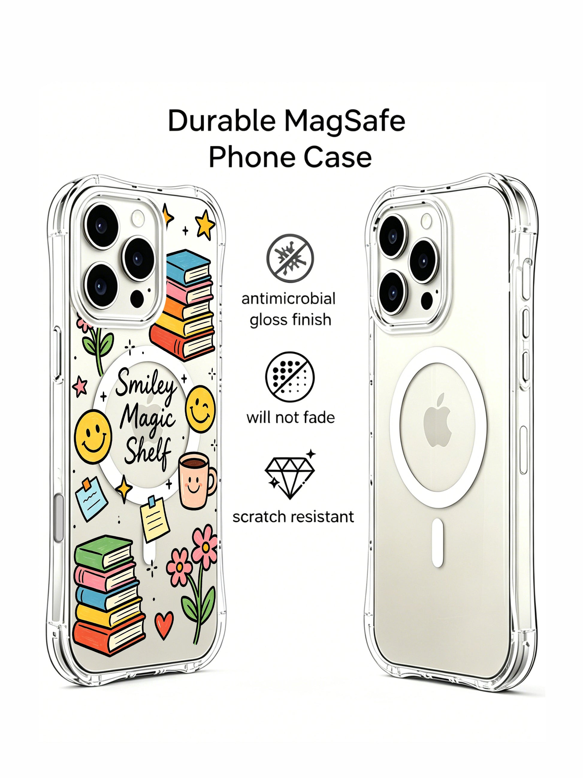 PhoneCasing iPhone 16 Pro Max anti-yellow transparent MagSafe case, Smiley Magic Shelf warm cozy study illustration that celebrates small daily wins and self-care joy