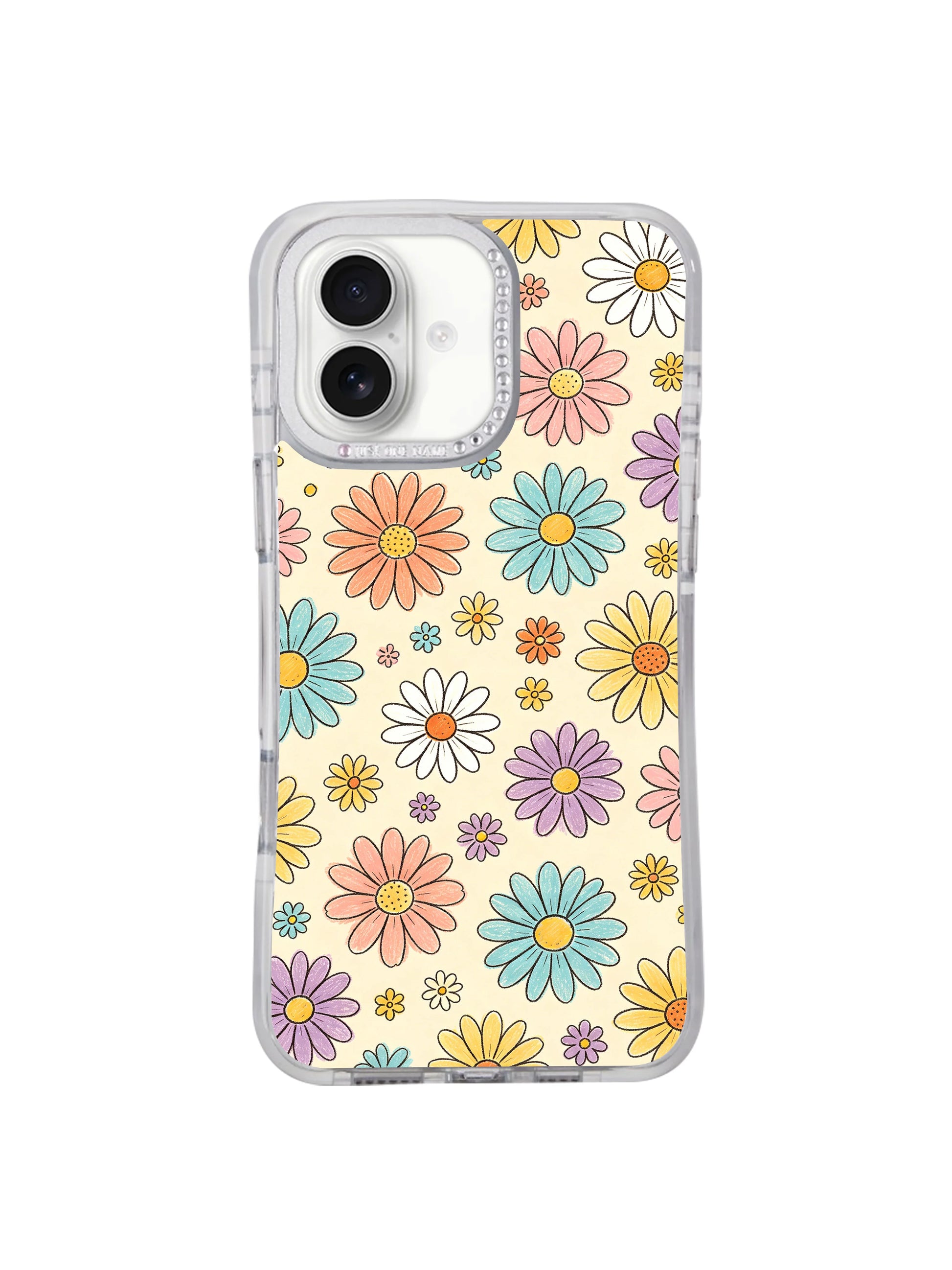 Cream Color Daisy Parade hand-drawn floral iPhone 16 pro max casing from PhoneCasing, vintage pastel multi daisy print on warm buttercream base, original Estrella Nocturna artwork front studio shot for iPhone 16 pro max.