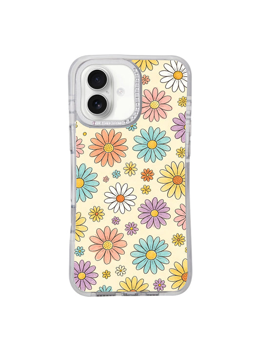 Cream Color Daisy Parade hand-drawn floral iPhone 16 pro max casing from PhoneCasing, vintage pastel multi daisy print on warm buttercream base, original Estrella Nocturna artwork front studio shot for iPhone 16 pro max.