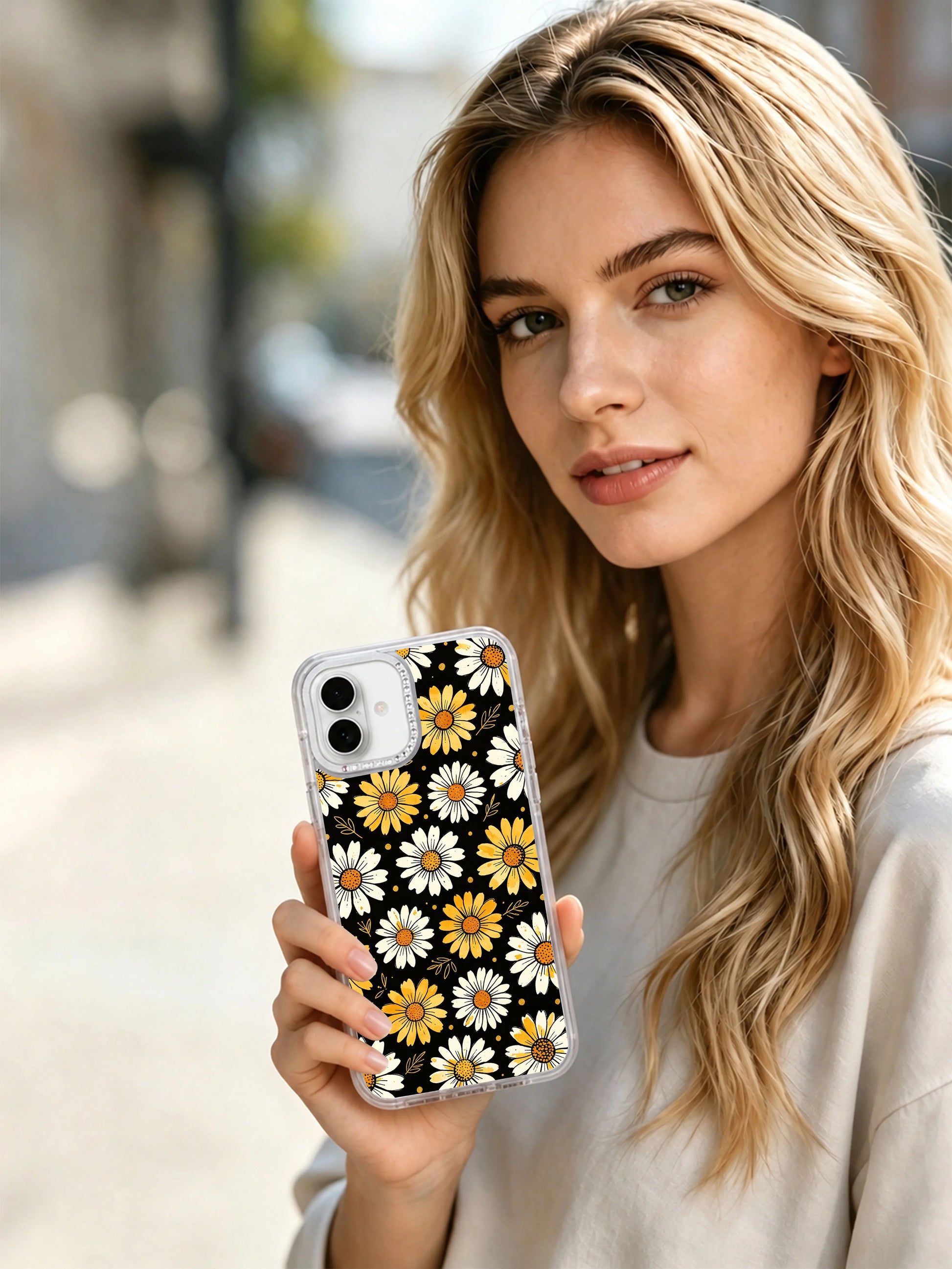 Macro shot crystal rhinestone camera lens trim detail on White Bloom Signal iPhone 16 pro max casing, premium protective PhoneCasing shell for iPhone 16 pro max.