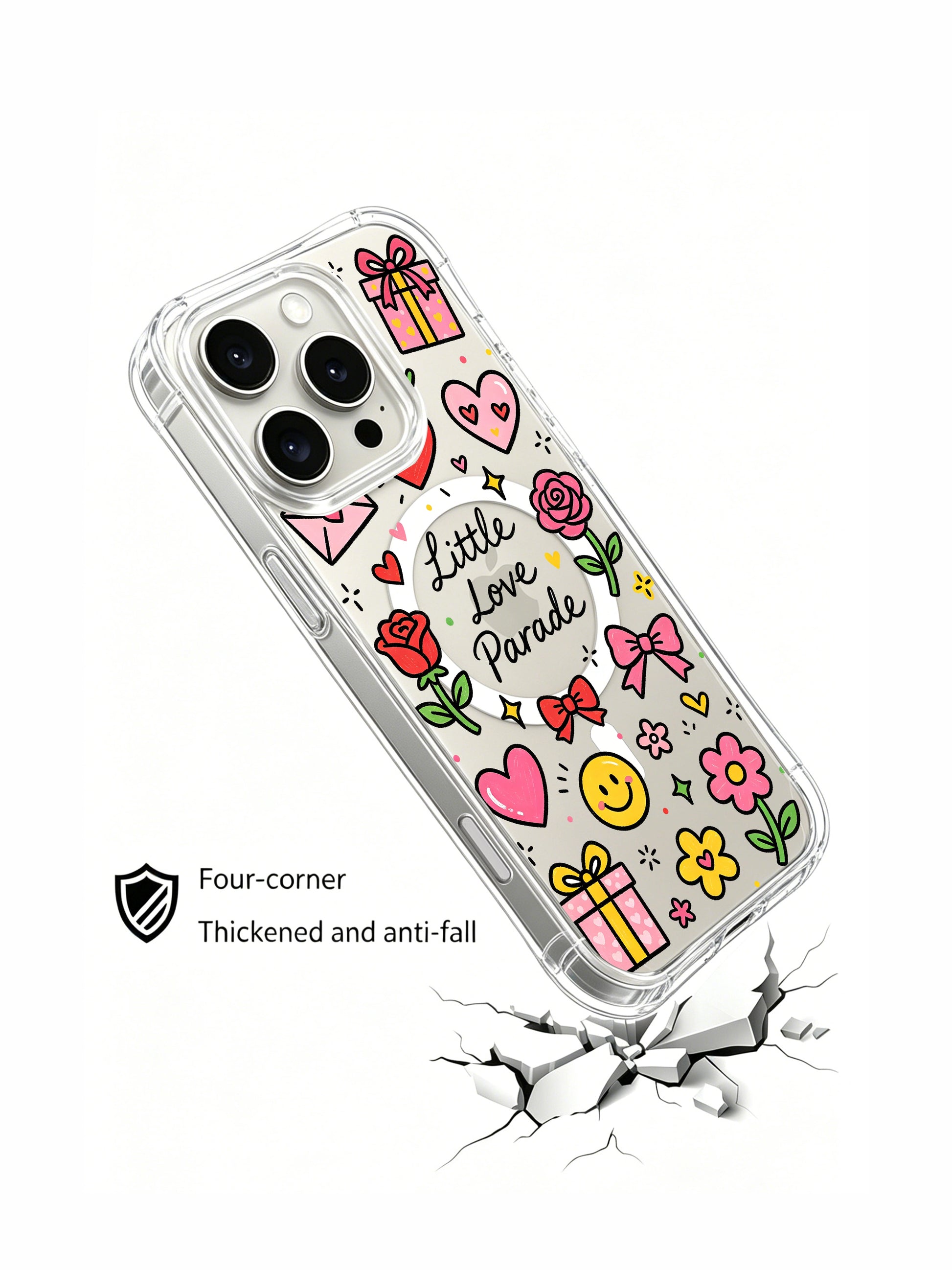 PhoneCasing iPhone 16 Pro Max shockproof clear case covered in pastel bow, star and smiley doodles from Sunny Charm Little Love Parade collection