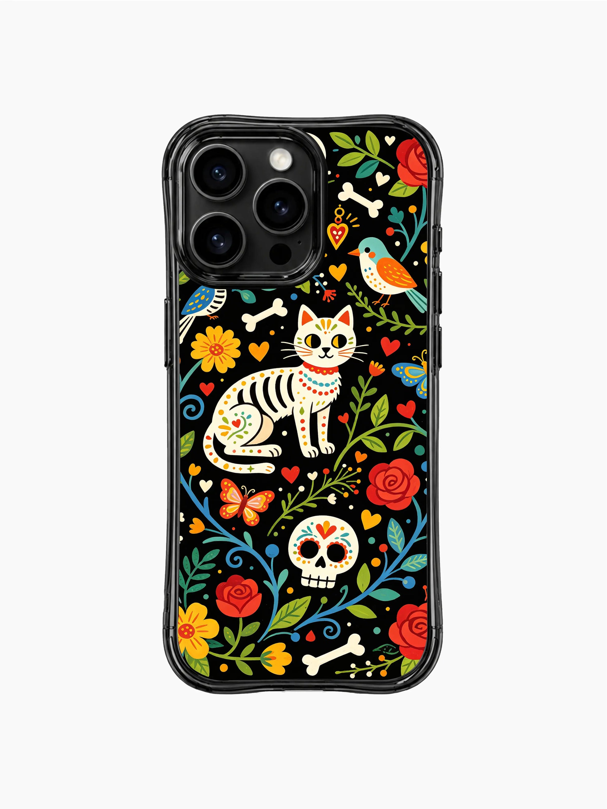 Dark aesthetic sugar skull cat on PhoneCasing iPhone 16 pro max case, folk art style with red roses, colorful flowers, and Day of the Dead motifs.