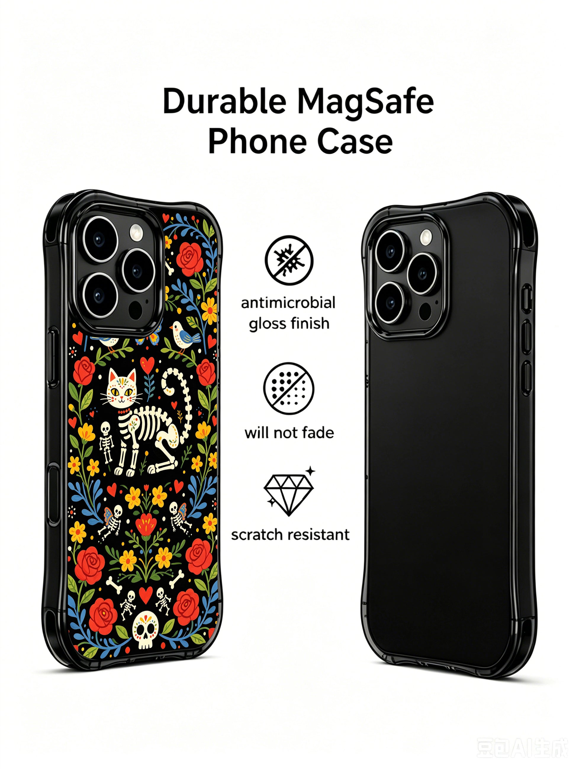 Dark fantasy skeleton cat illustration on PhoneCasing iPhone 16 pro max case, featuring a Day of the Dead cat with birds and butterflies.