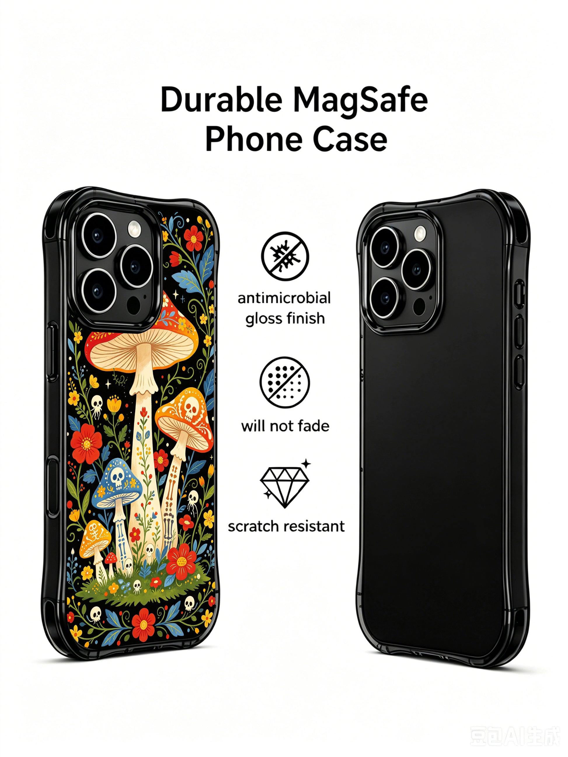 Dark fantasy mushroom forest illustration on PhoneCasing iPhone 16 pro max case, featuring skeleton mushrooms with floral details.
