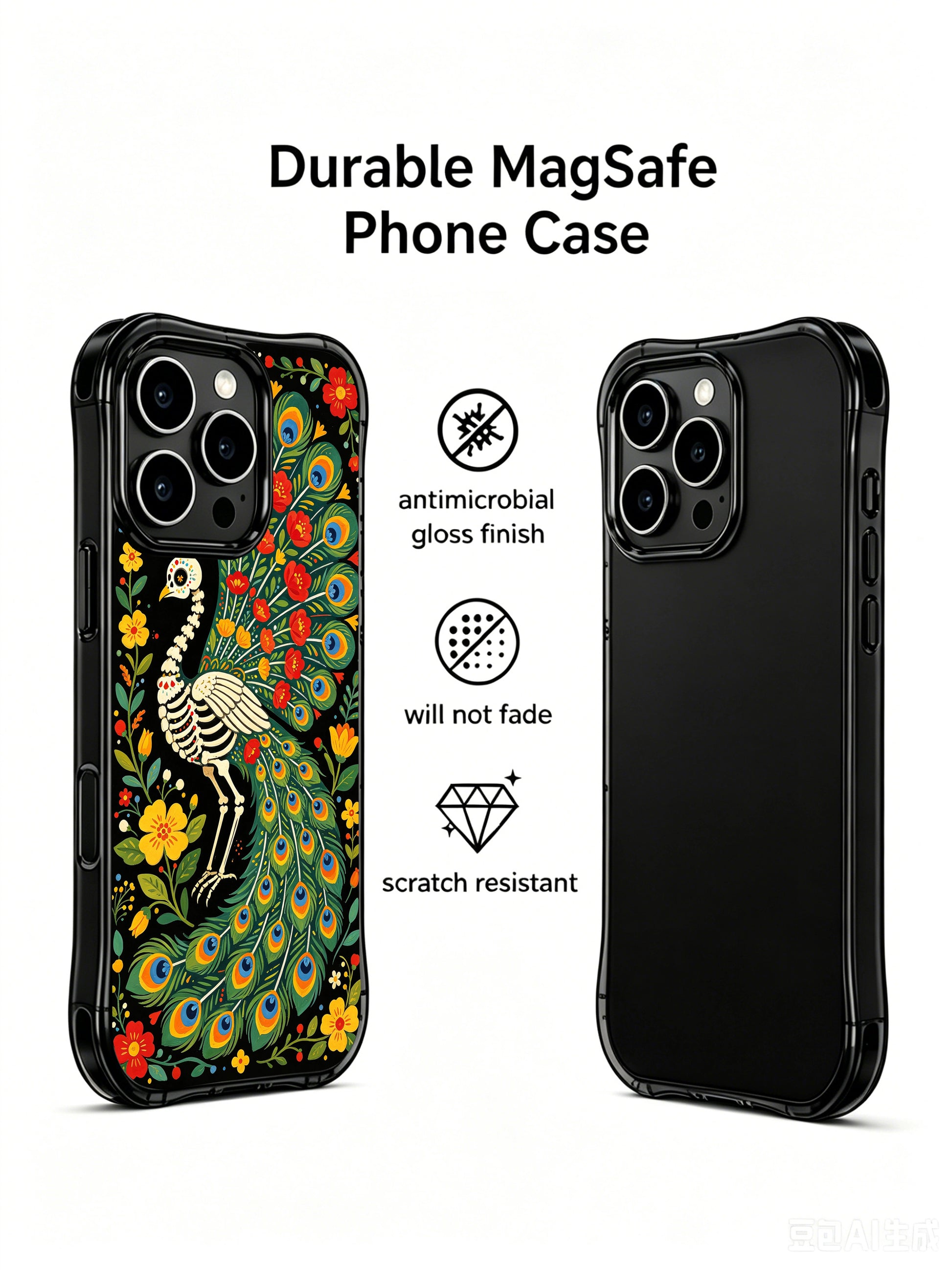 Dark fantasy skeleton peacock illustration on PhoneCasing iPhone 16 pro max case, featuring a folk art peacock with floral tail feathers.