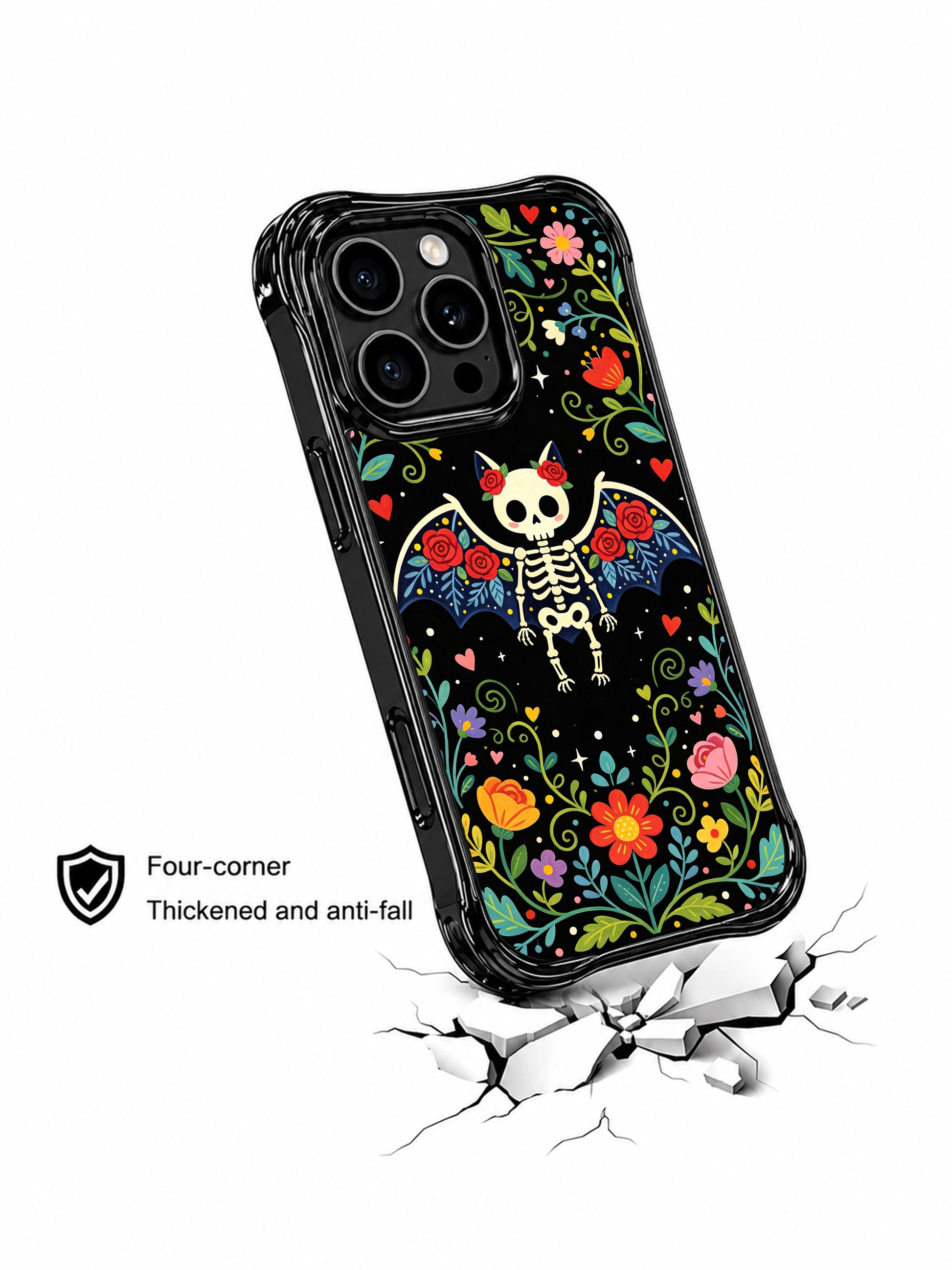 Dark fantasy skeleton bat illustration on PhoneCasing iPhone 16 pro max case, whimsical night garden theme with colorful flowers and hearts.
