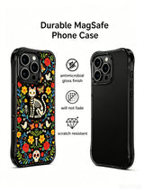 Dark fantasy skeleton cat illustration on PhoneCasing iPhone 16 pro max case, whimsical folk art style with sugar skull details and floral borders.