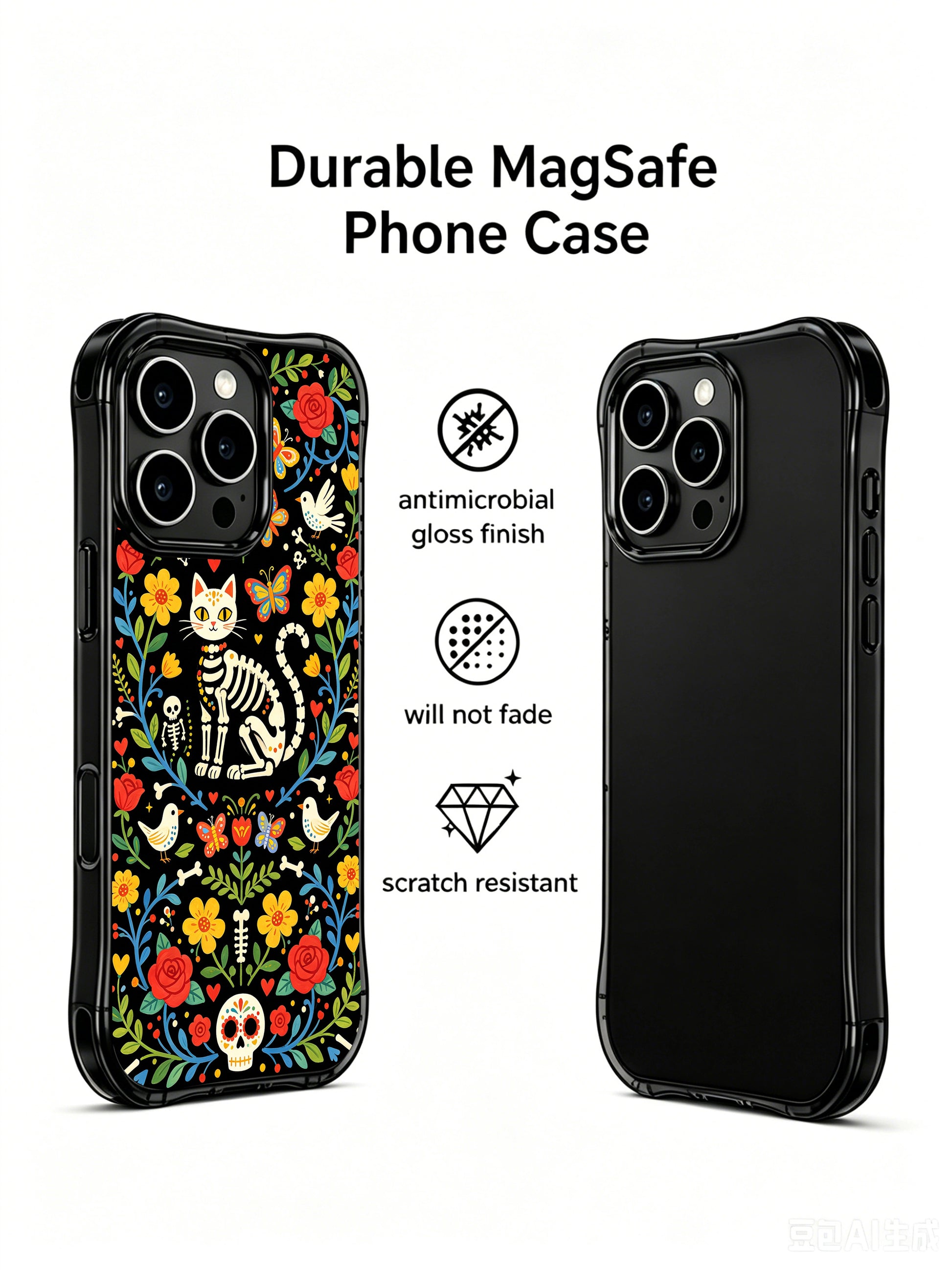 Dark fantasy skeleton cat illustration on PhoneCasing iPhone 16 pro max case, whimsical folk art style with sugar skull details and floral borders.