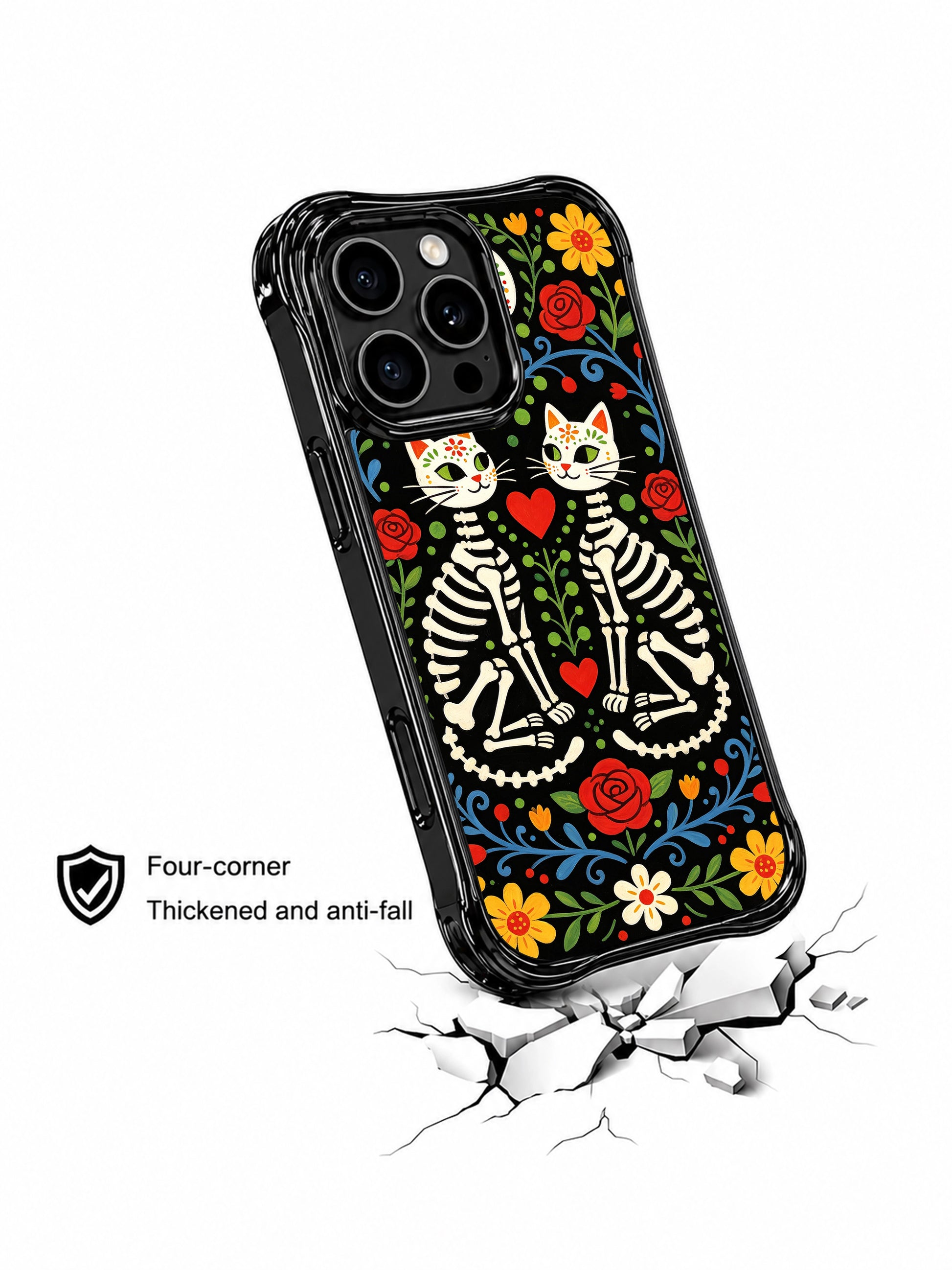 Dark fantasy twin skeleton cats illustration on PhoneCasing iPhone 16 pro max case, whimsical love-themed design with red hearts and colorful blooms.