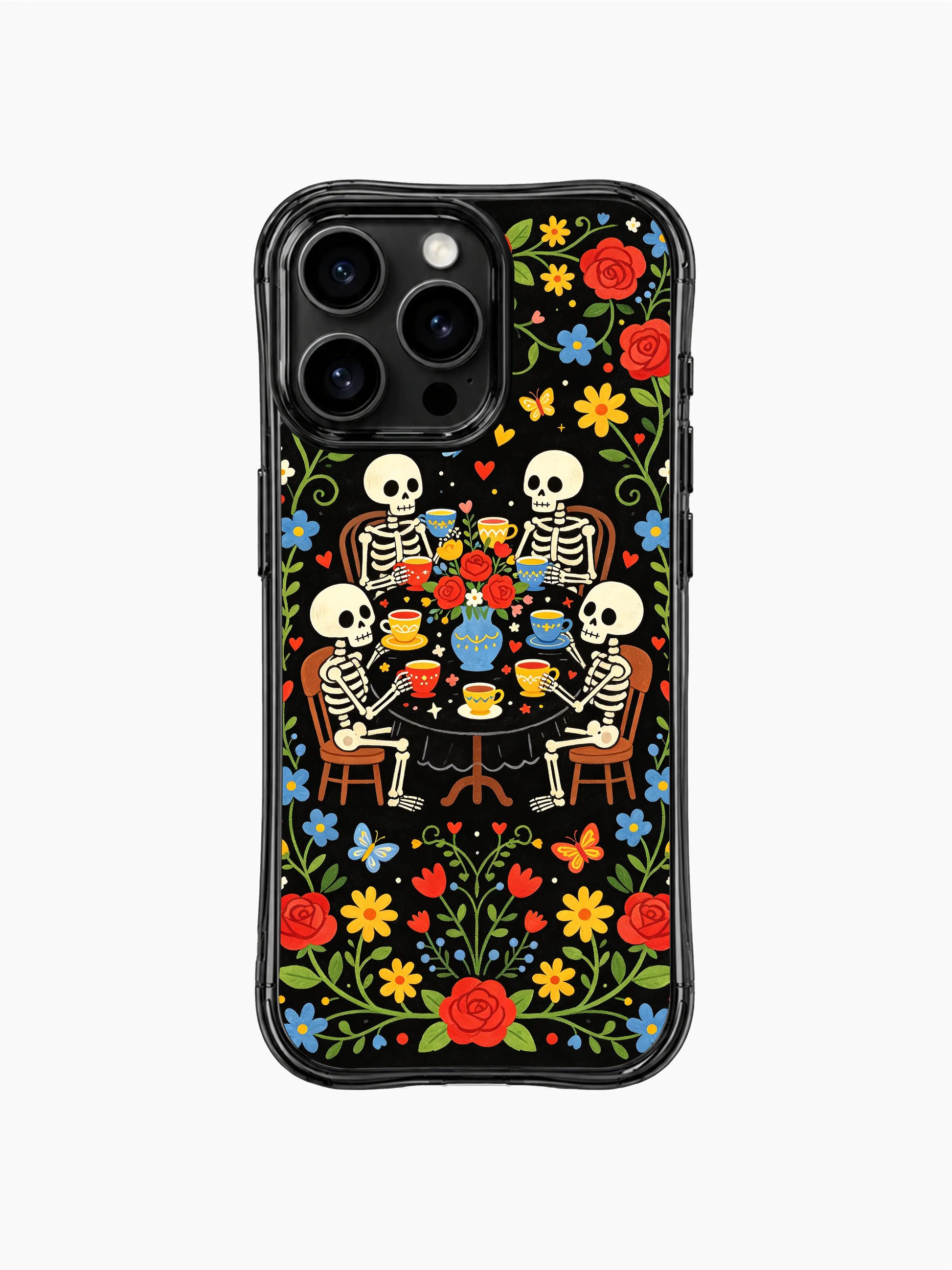 Dark fantasy skeleton tea party illustration on PhoneCasing iPhone 16 pro max case, featuring cute skeletons sharing tea with floral accents.