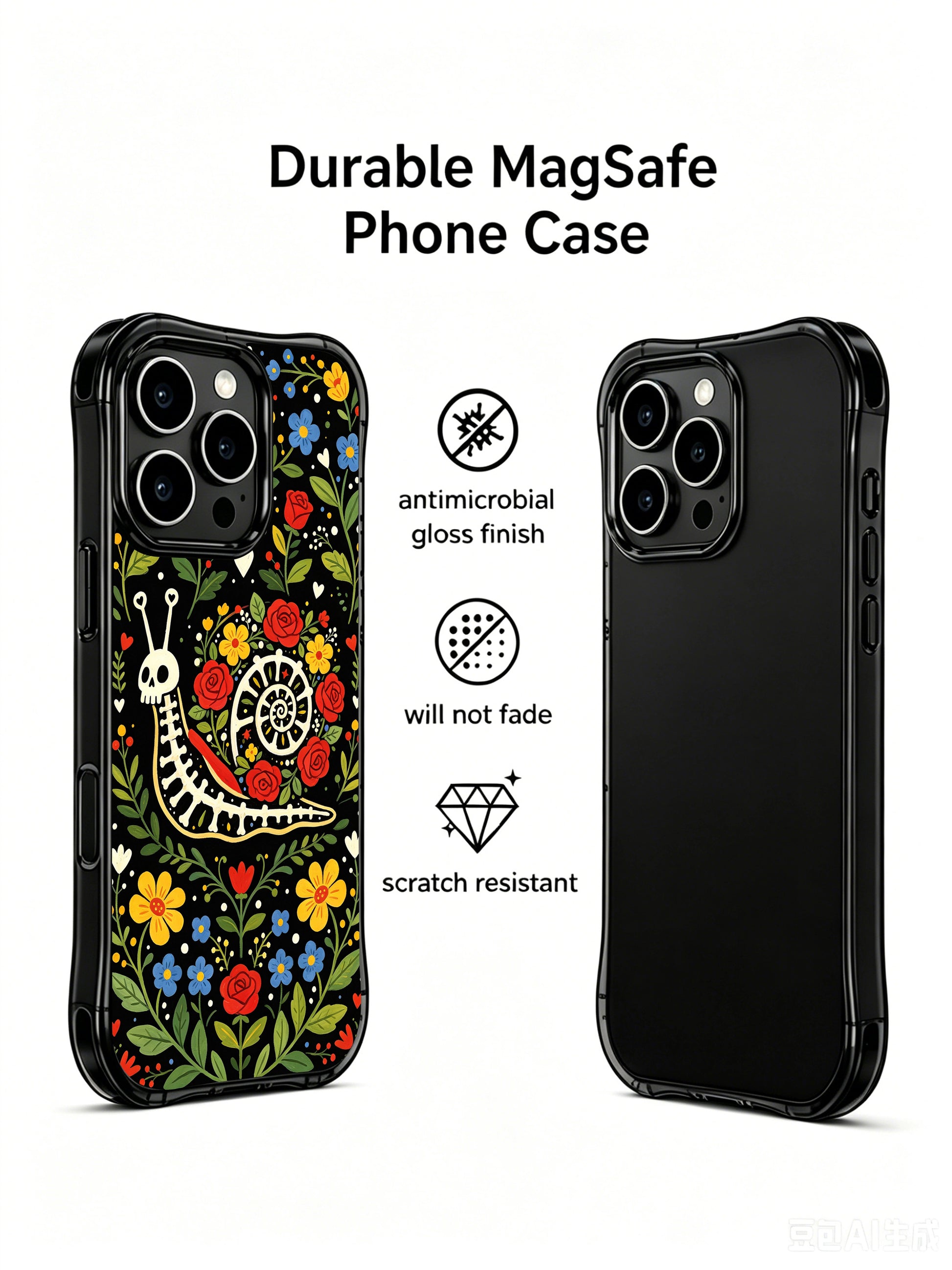 Dark fantasy skeleton snail illustration on PhoneCasing iPhone 16 pro max case, featuring a folk art snail with a rose-filled shell.