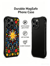 Dark fantasy sun and skeletons illustration on PhoneCasing iPhone 16 pro max case, whimsical folk art style with floral details.
