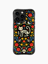 PhoneCasing iPhone 16 pro max case featuring a whimsical Day of the Dead skeleton cat surrounded by roses, birds, and butterflies on black background.